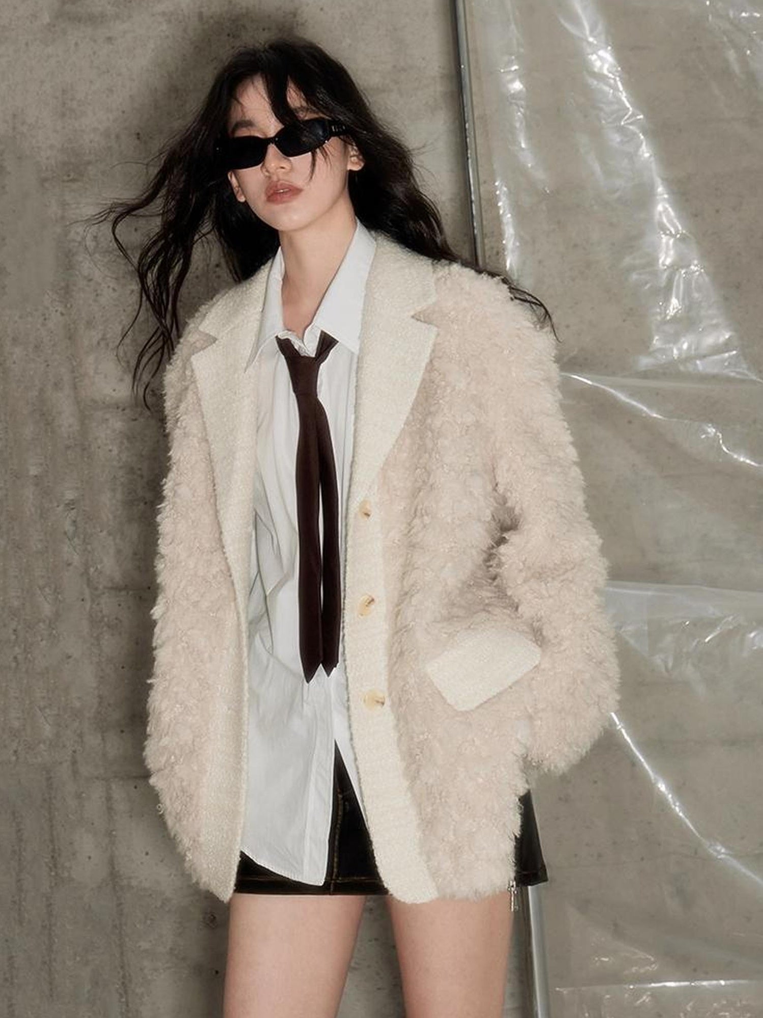 DIDDI MODA Beige Shearling Wool Blend Tailored Coat