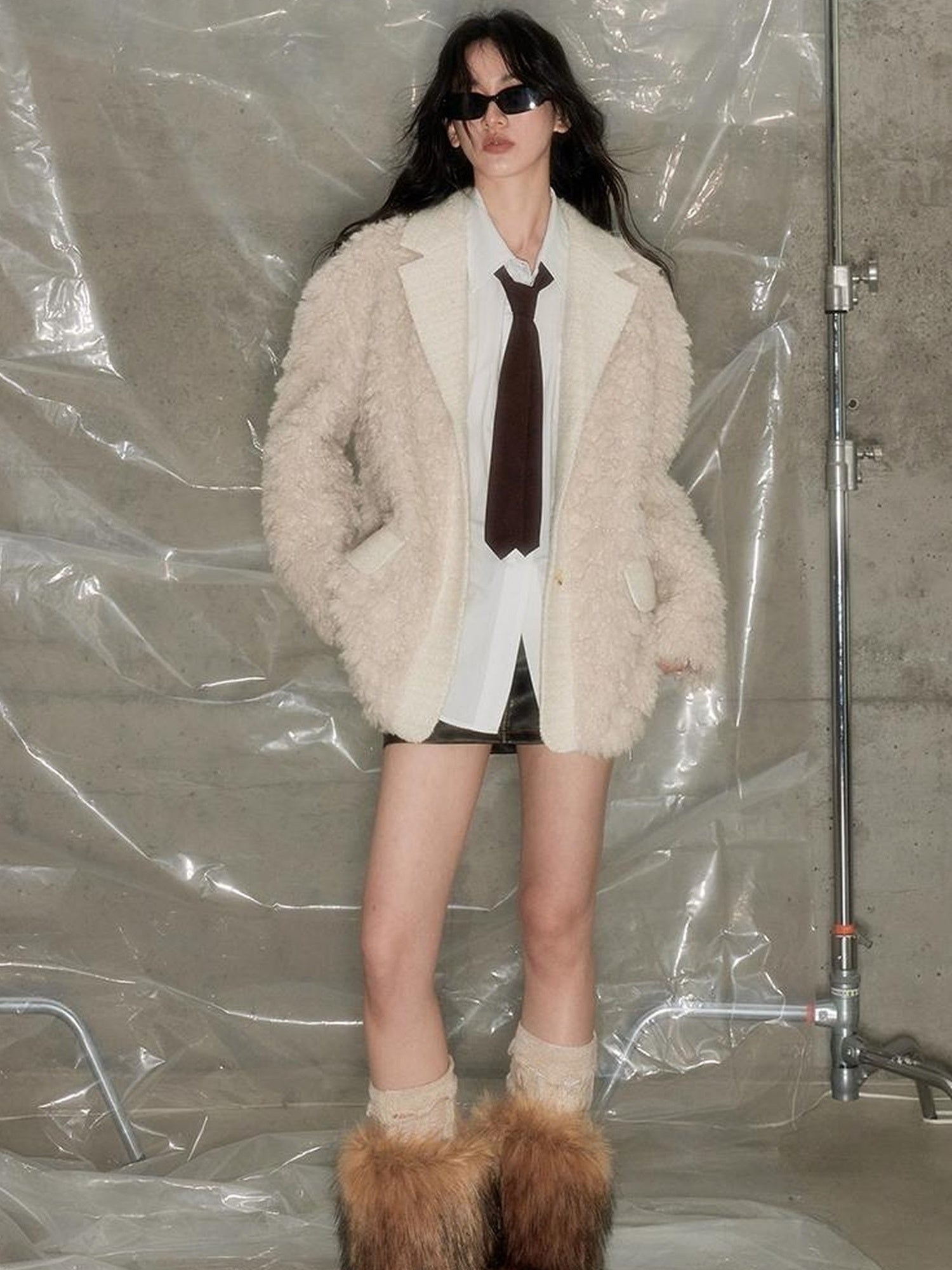 DIDDI MODA Beige Shearling Wool Blend Tailored Coat
