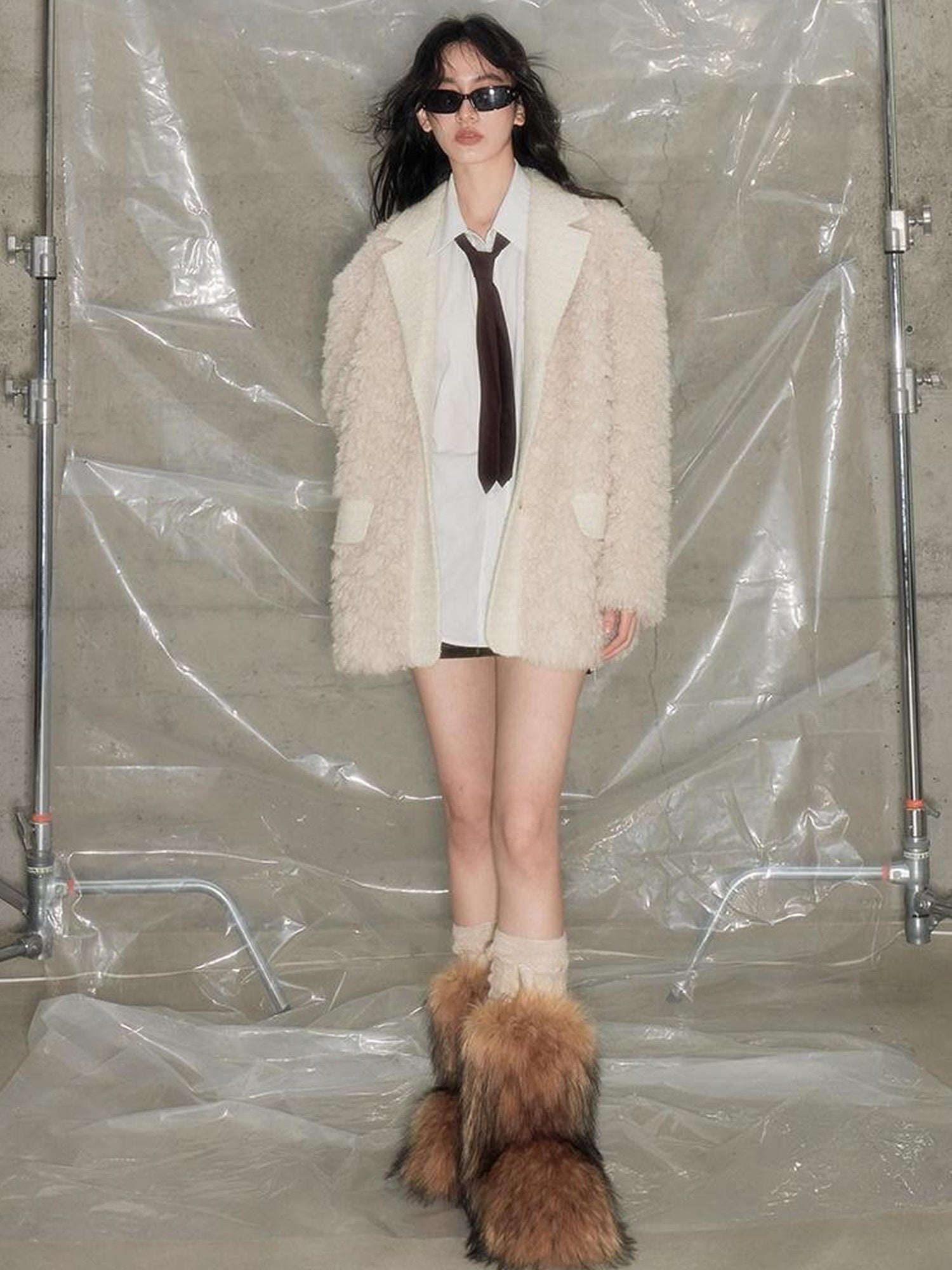 DIDDI MODA Beige Shearling Wool Blend Tailored Coat