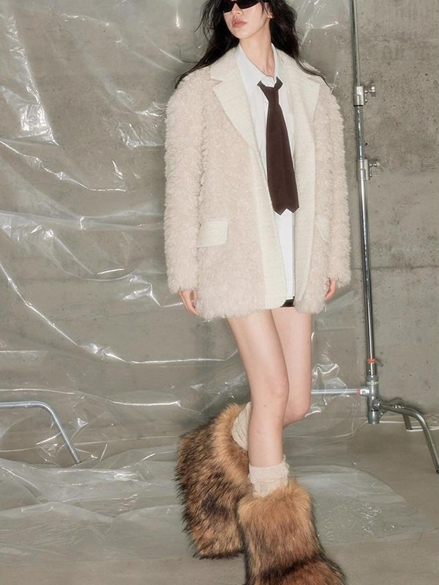 DIDDI MODA Beige Shearling Wool Blend Tailored Coat