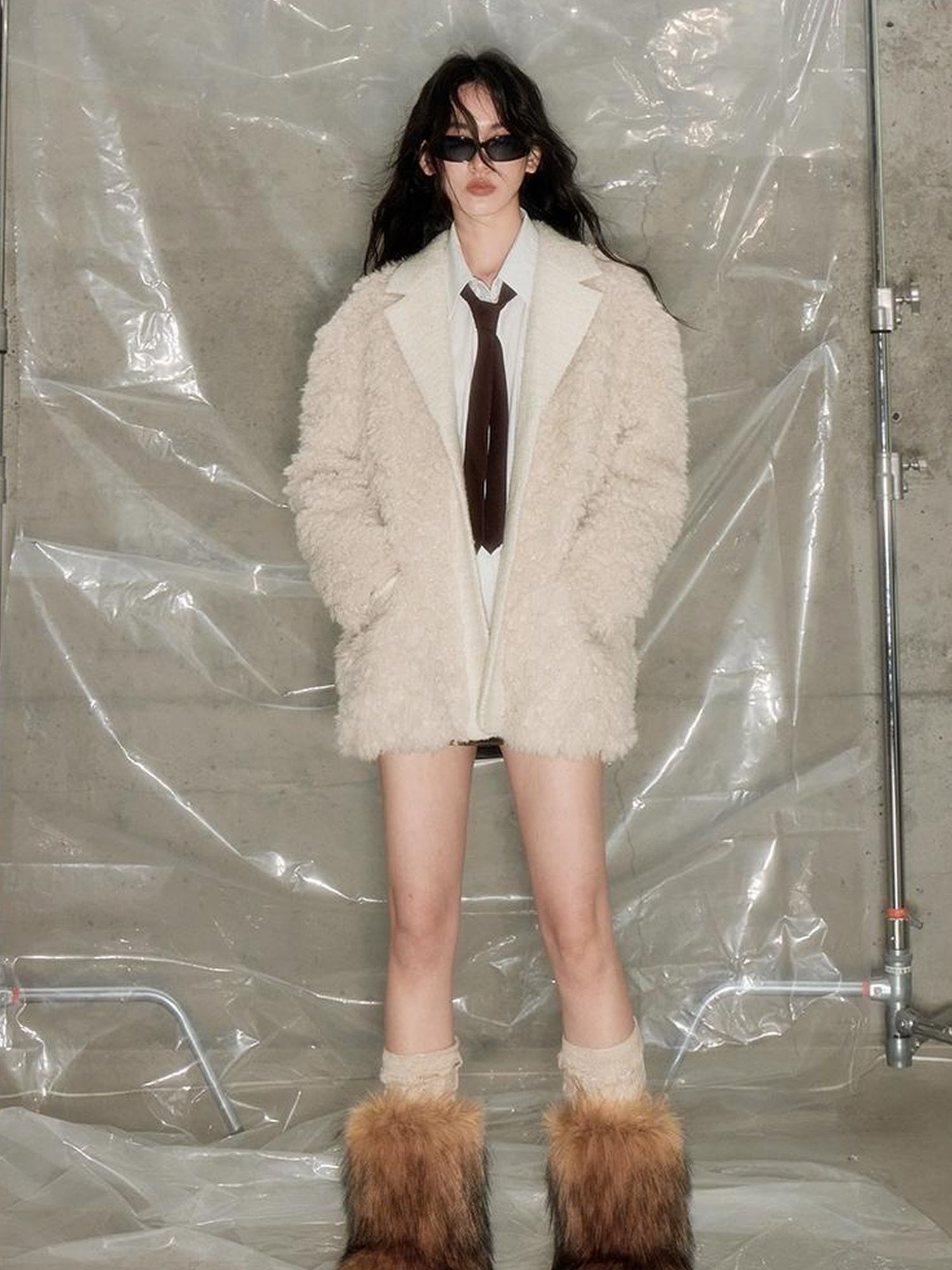 DIDDI MODA Beige Shearling Wool Blend Tailored Coat