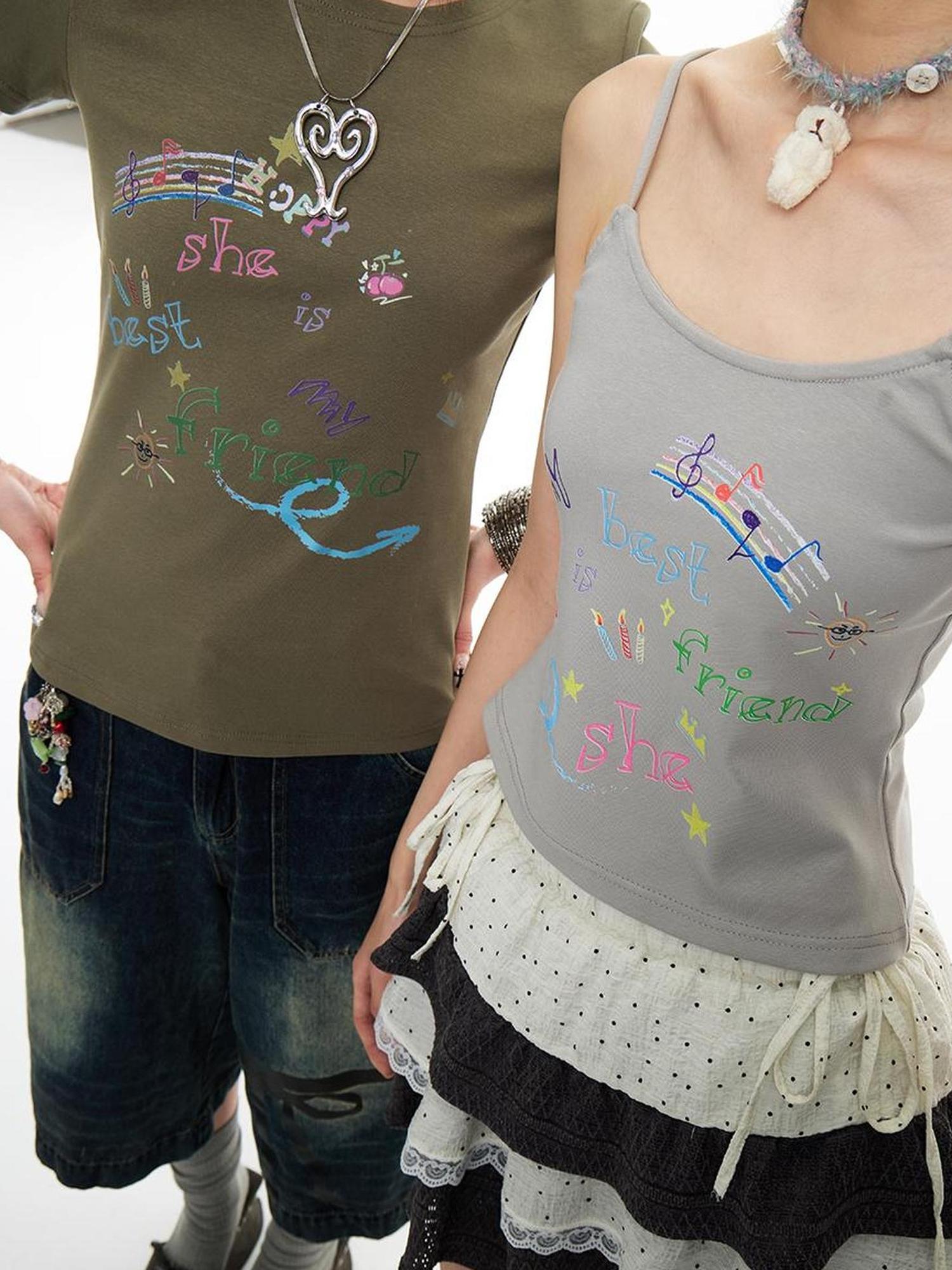 MOMSYCAN FOX LINE Best Friend Print Cotton T Shirt With Adjustable Strap