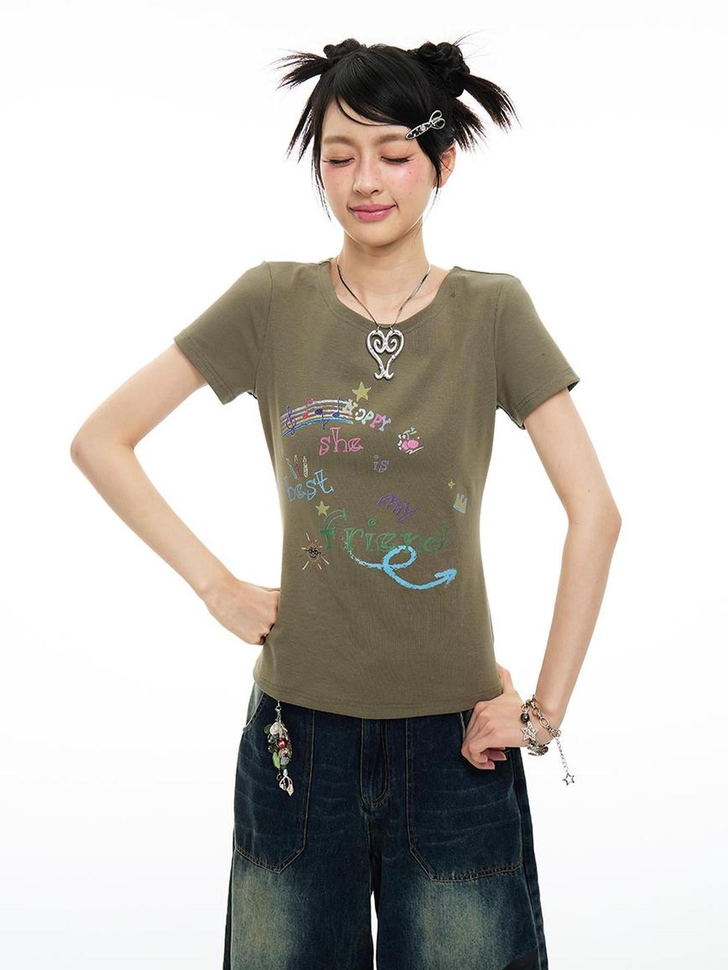 MOMSYCAN FOX LINE Best Friend Print Cotton T Shirt With Adjustable Strap