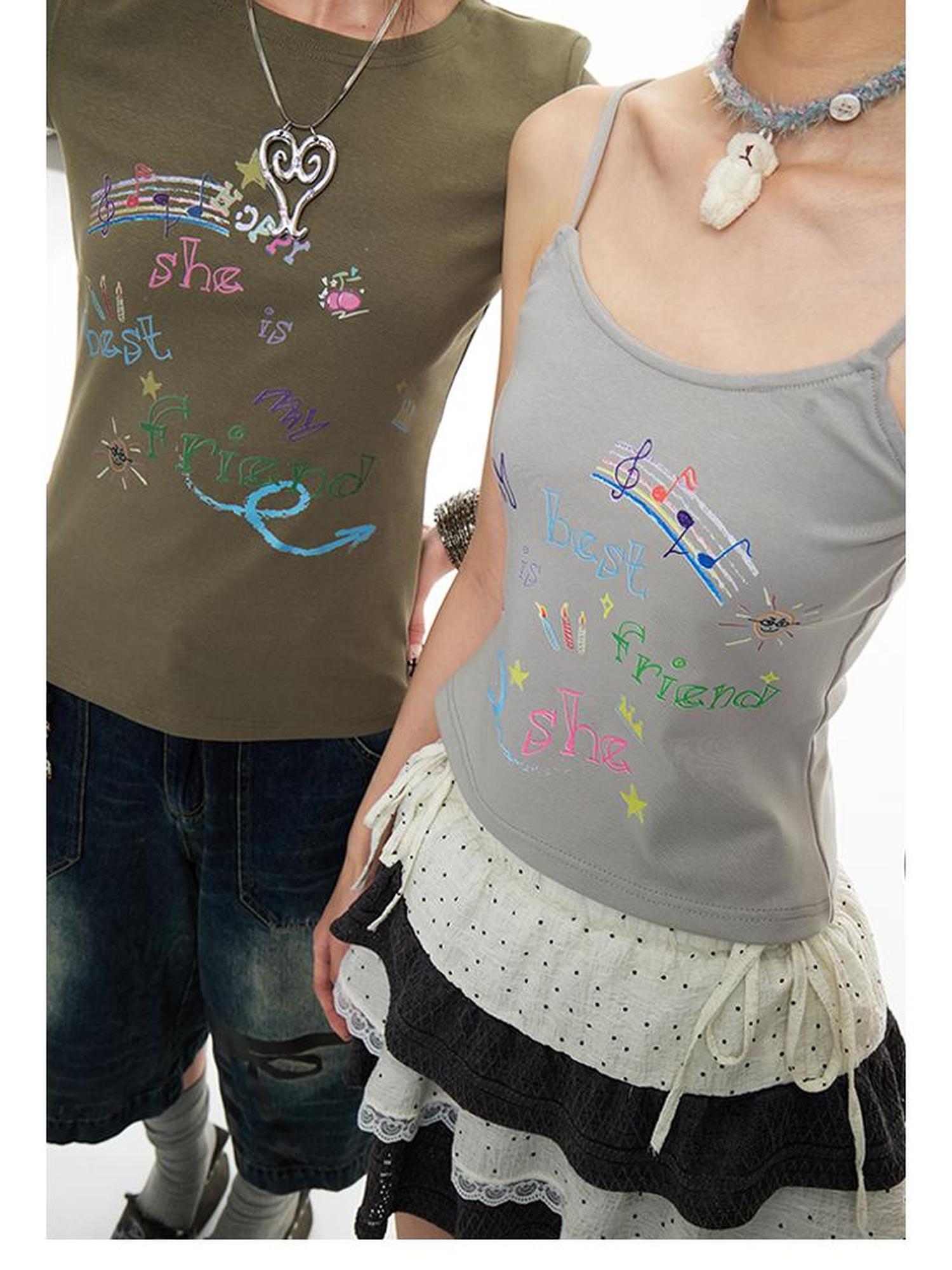 MOMSYCAN FOX LINE Best Friend Print Cotton T Shirt With Adjustable Strap