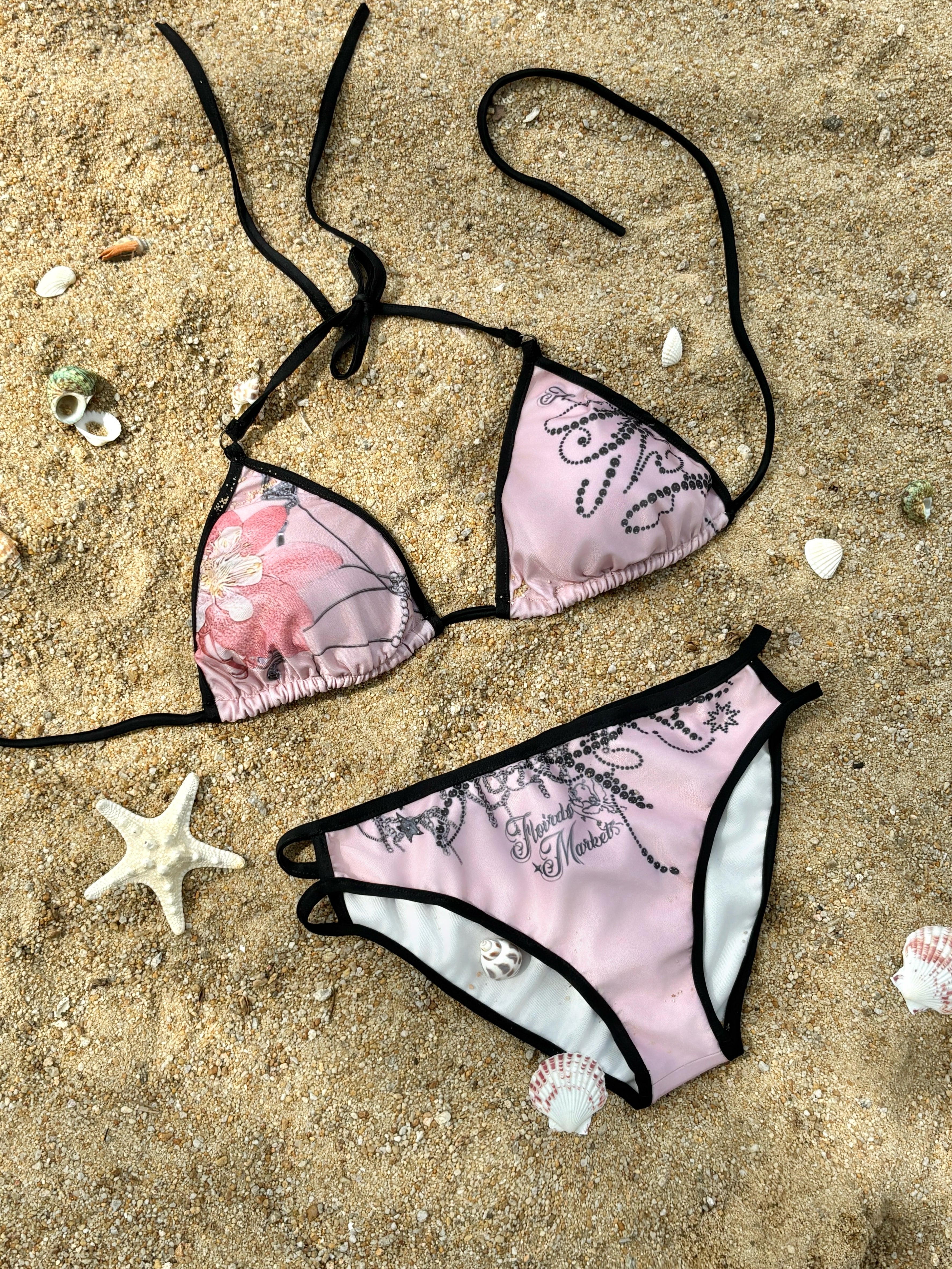Flowers birds Market Floral Print Bikini Set with Ruffle Mesh Skirt