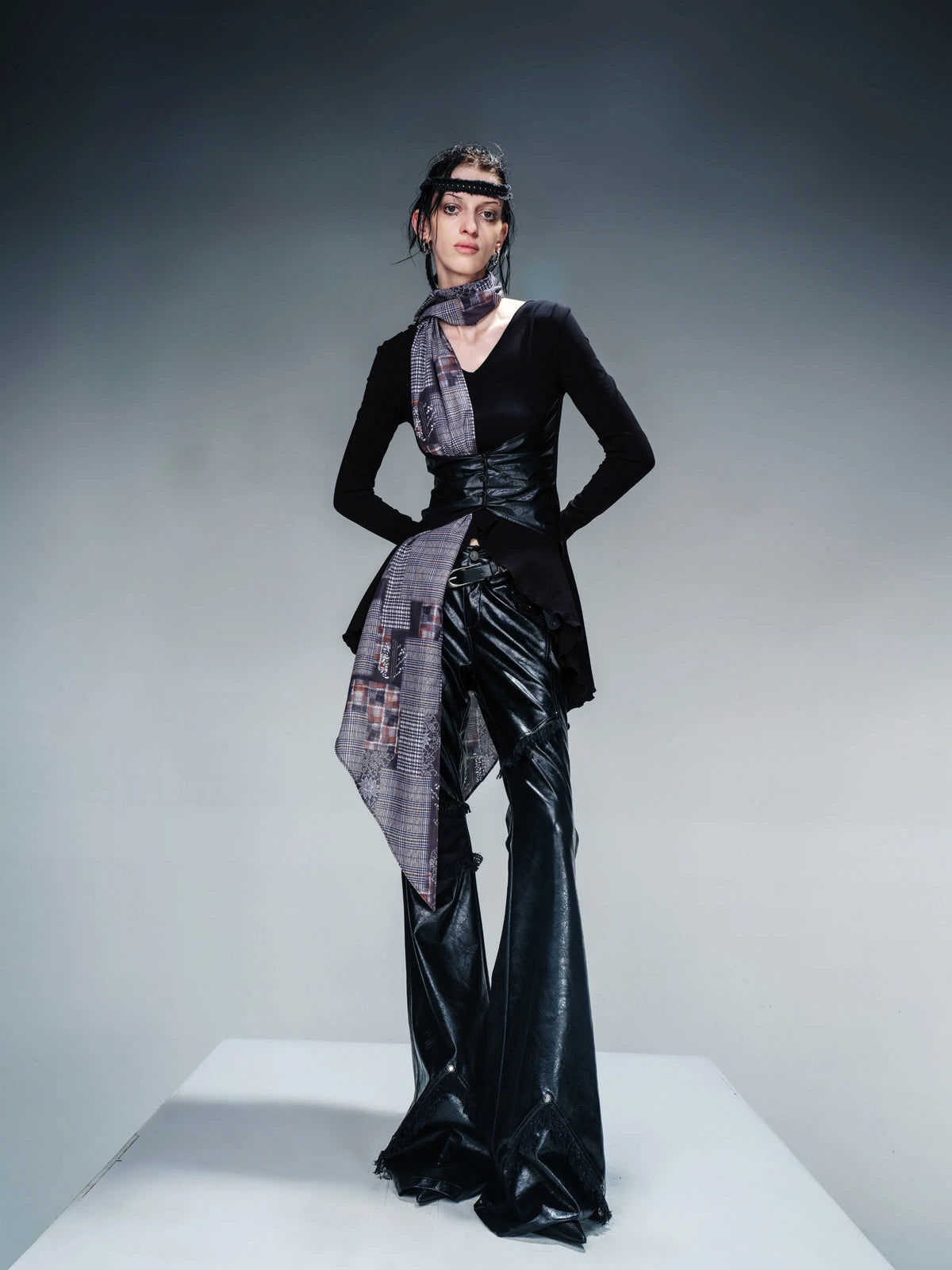 Knit Blouse With Detachable Printed Scarf And Leather Accents