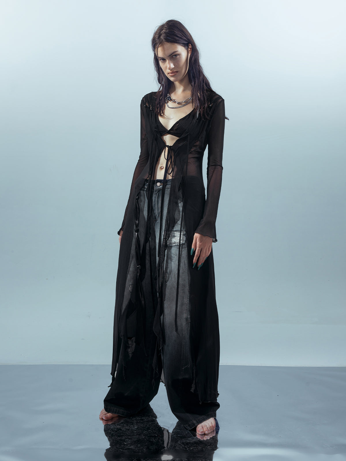 UpdateNN NORTH NODE Ethereal Threads Beaded Lace Up Mesh Knit