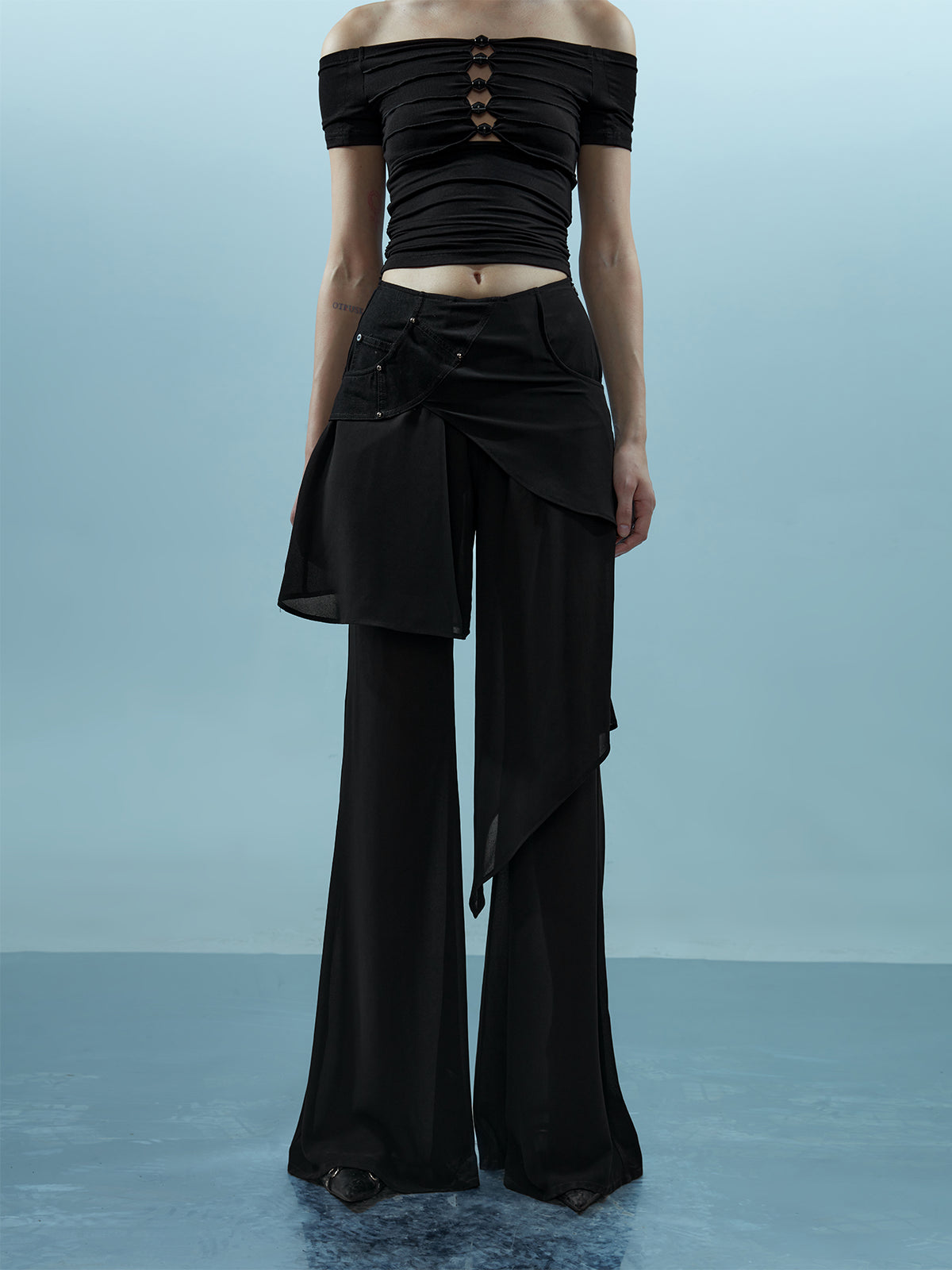 NN NORTH NODE Ethereal Threads Asymmetric Chiffon Palazzo Pants