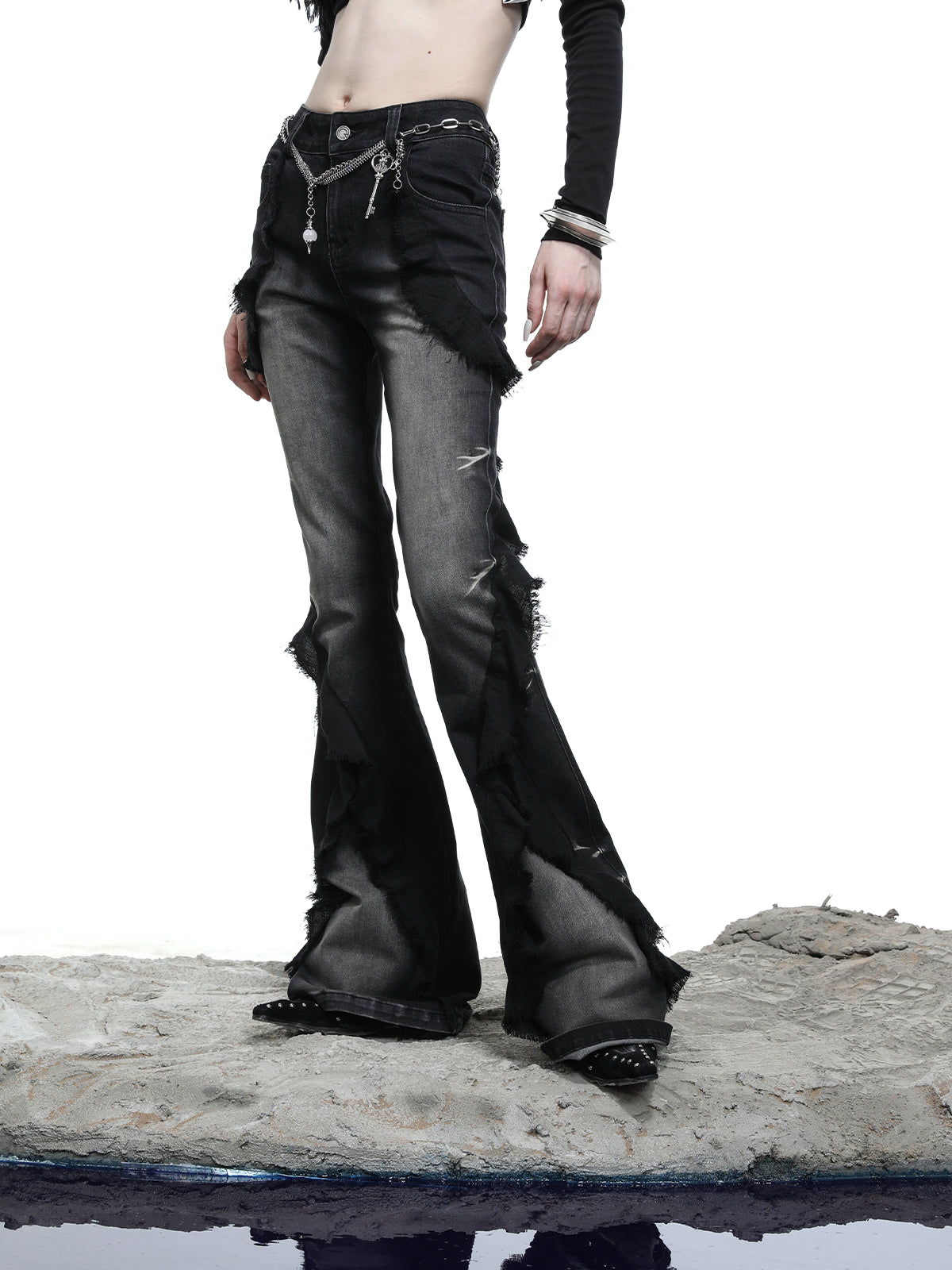 NN NORTH NODE Distressed Denim Flared Pants With Cape Detailing