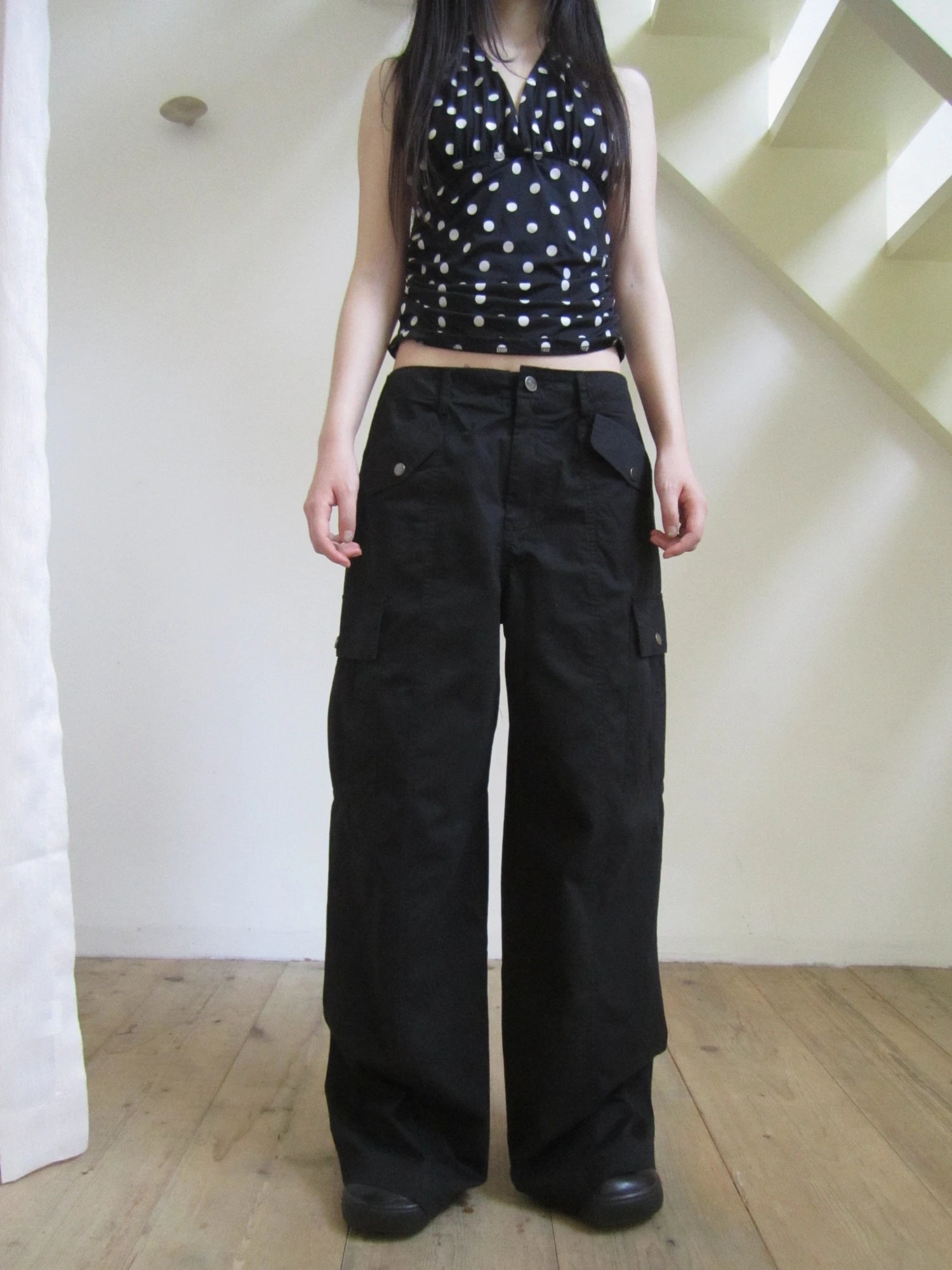 Vintage Washed Mid Low Rise Button Pocket Straight Leg Pants