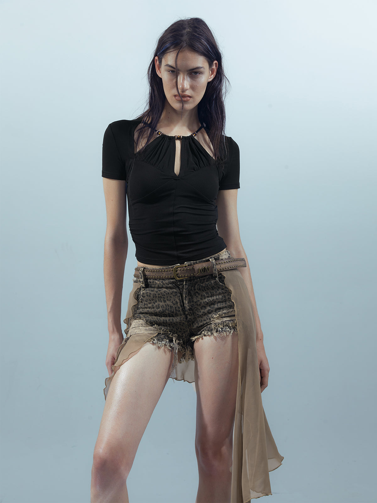 UpdateNN NORTH NODE Blooming Pleats Beaded Mock Neck Modal Tee