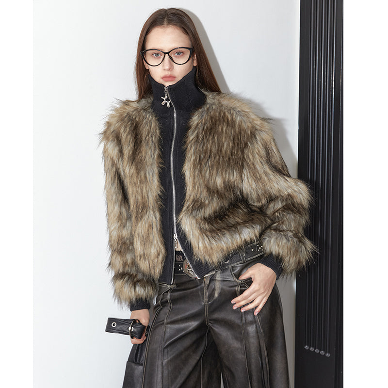 2th Desire Vintage Black Faux Fur Ribbed Short Jacket