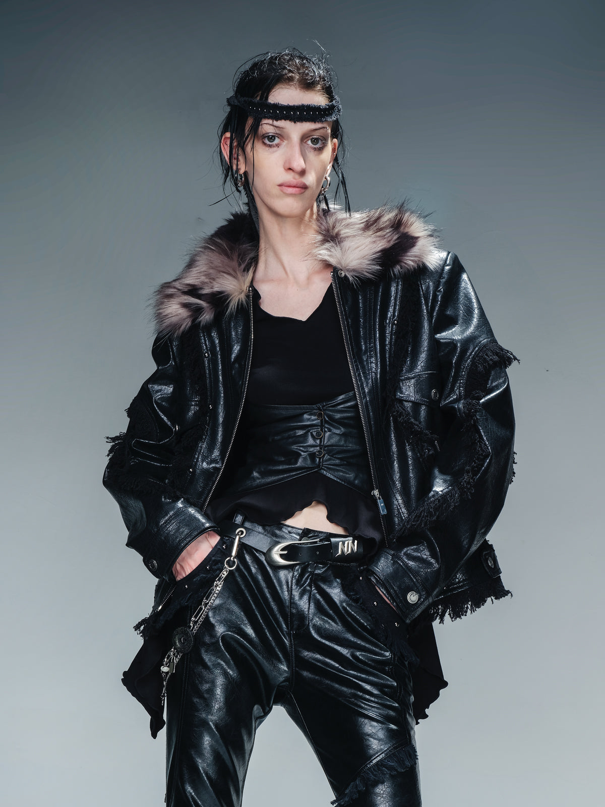 UpdateNN NORTH NODE Quilted Shearling Lined Detachable Fur Collar Leather Jacket