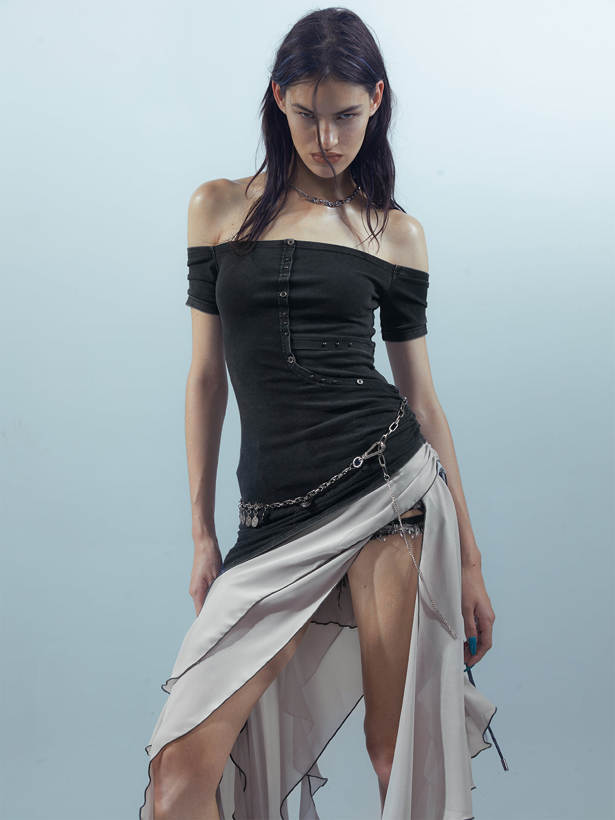 UpdateNN NORTH NODE Piscean Odyssey Ethereal Chiffon Asymmetrical V-Neck T-Shirt Long-Sleeve Dress