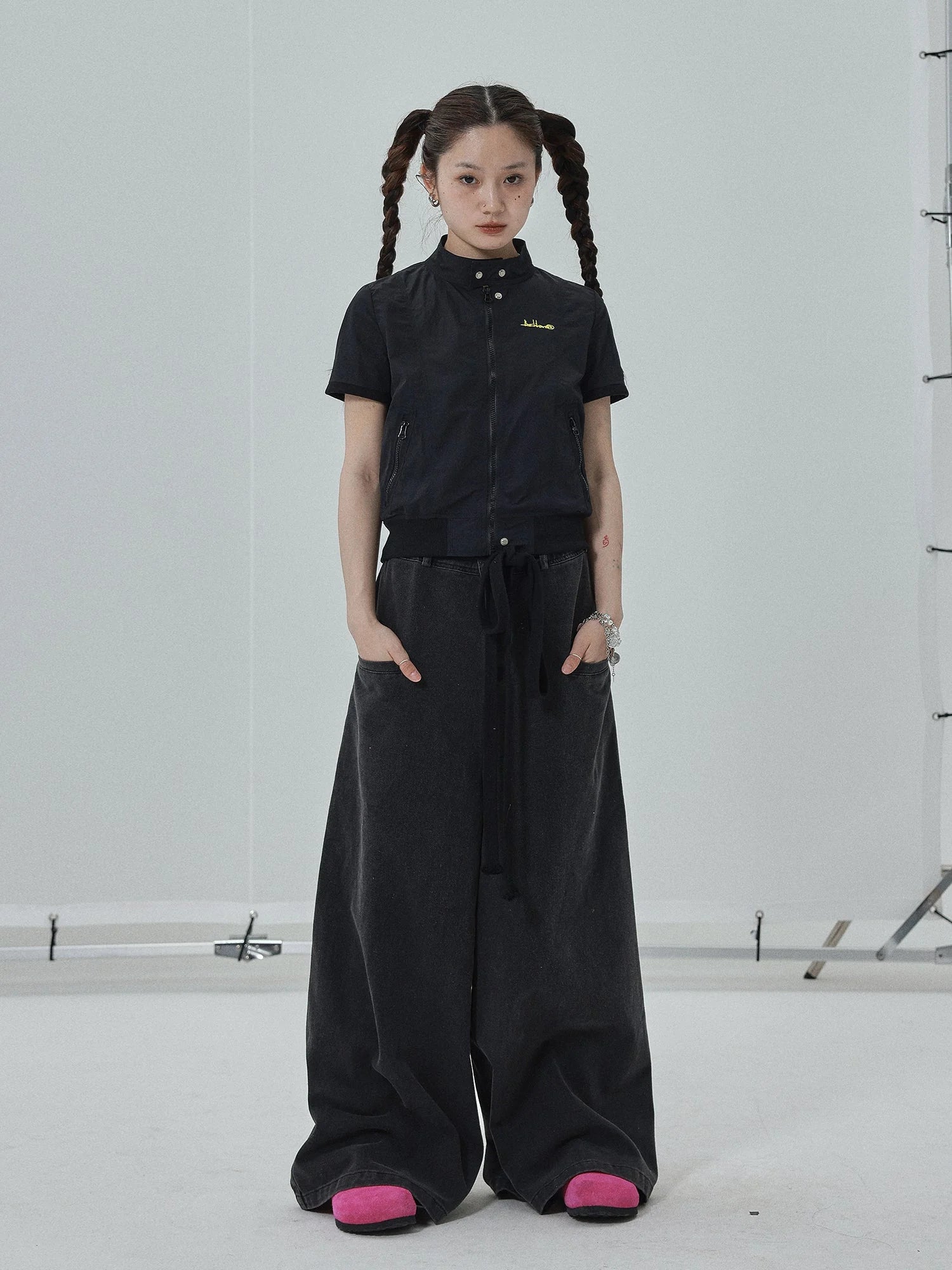 Summer Stand Collar Shirt Jacket In Black & White