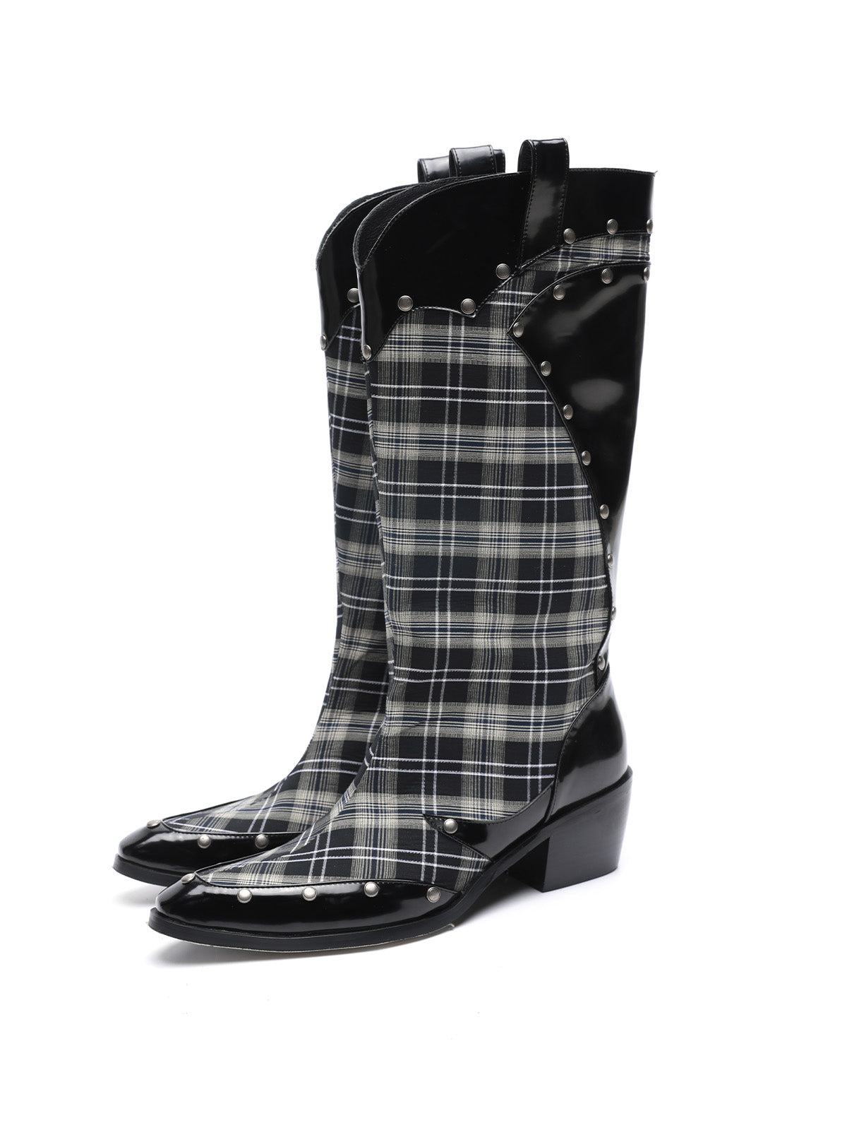 UpdateNN NORTH NODE Rivet Studded Checkered Mid Calf Boots
