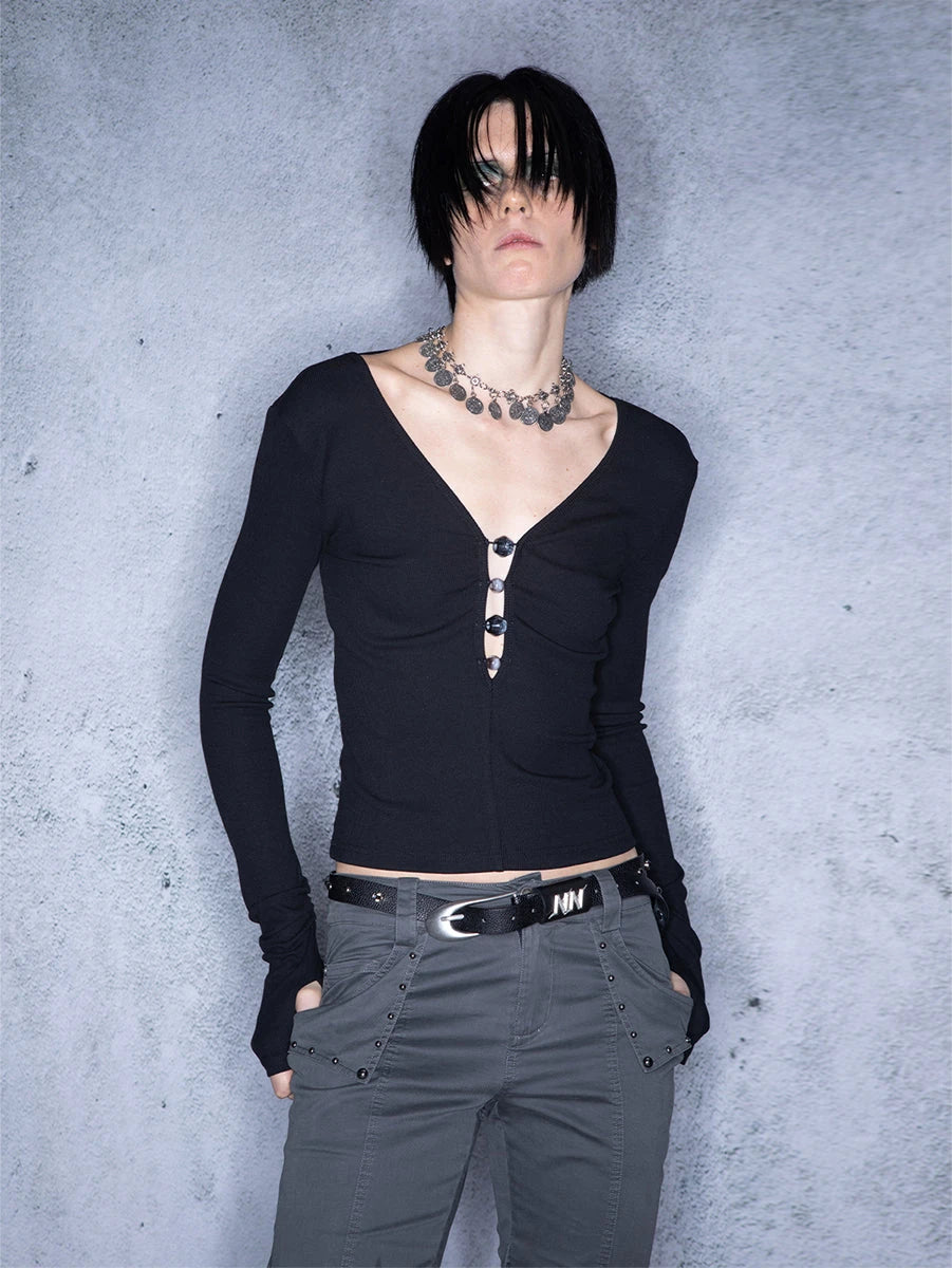 Low Back Beaded V-Neck Long Sleeve Top
