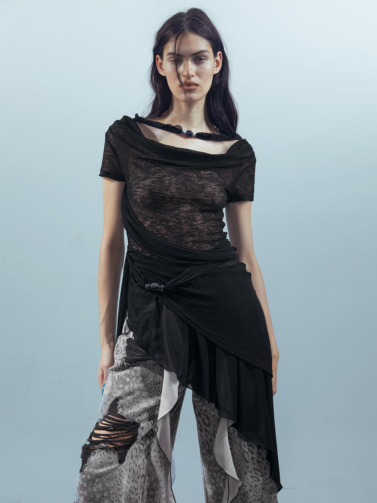 UpdateNN NORTH NODE Ethereal Threads Mirage T-shirt With Beaded Mesh V-neck Long-Sleeve