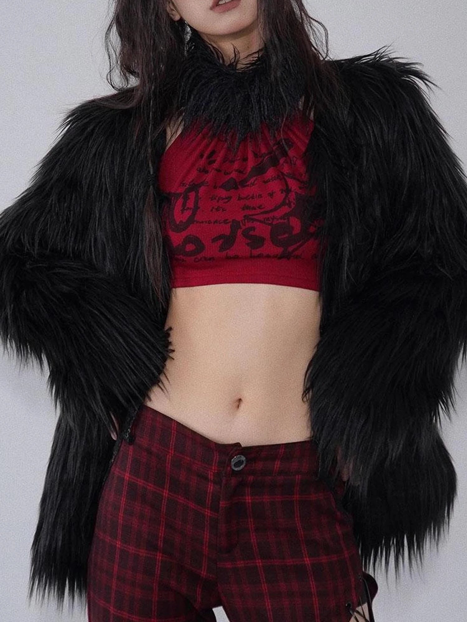 Black Aesthetic Faux Shearling Button Up Winter Coat One Size