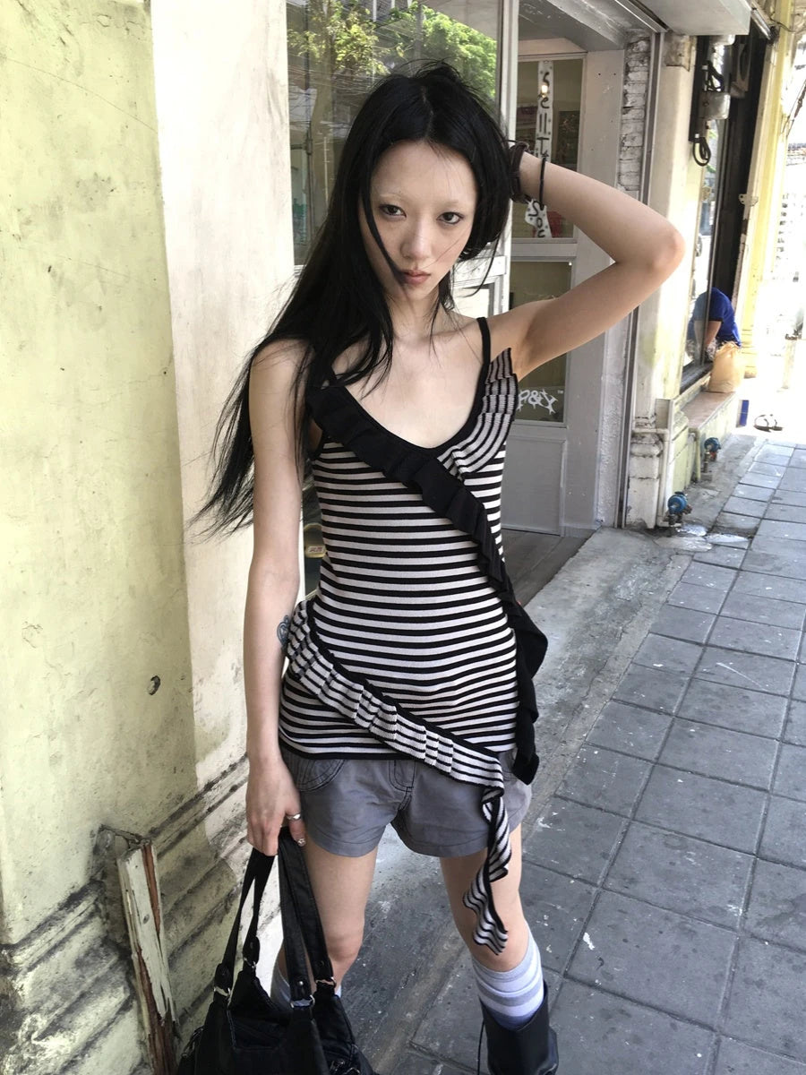 Retro Ribbon Trimmed Black And Gray Striped Knit Camisole Top