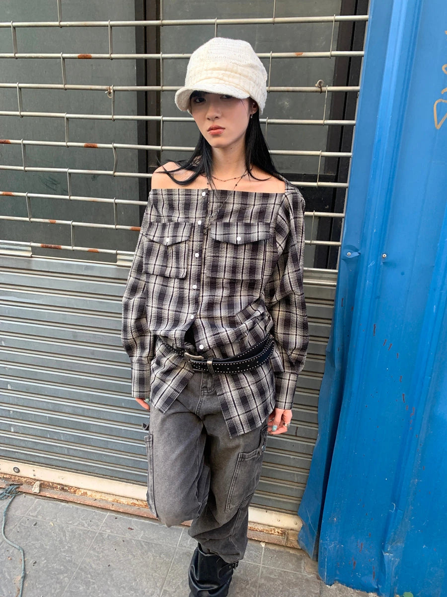 Retro Checkered Textured One Shoulder Button Up Blouse