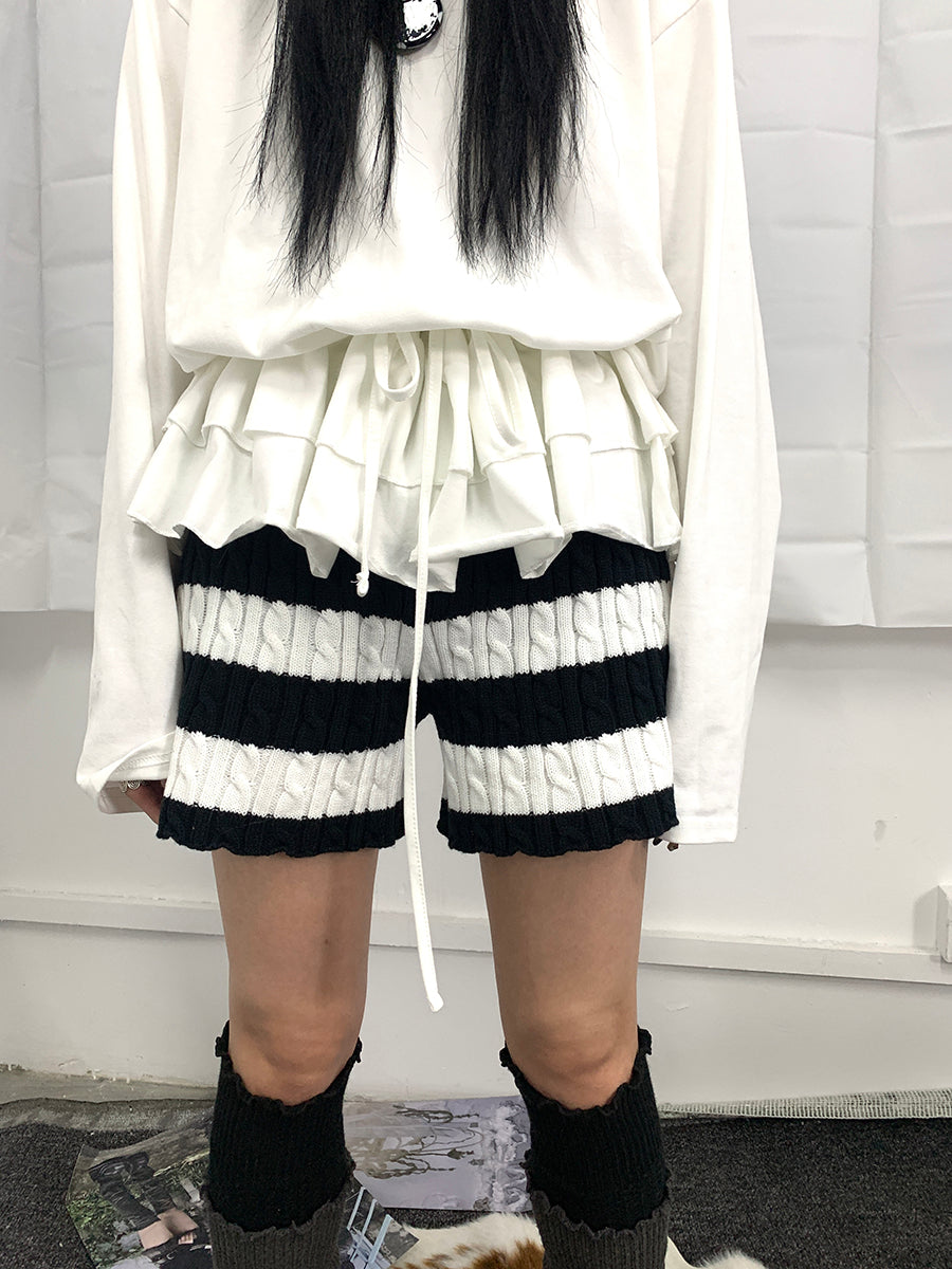 ang project Textured Stripe Knit Shorts Women Stretch Slim Fit Color Block