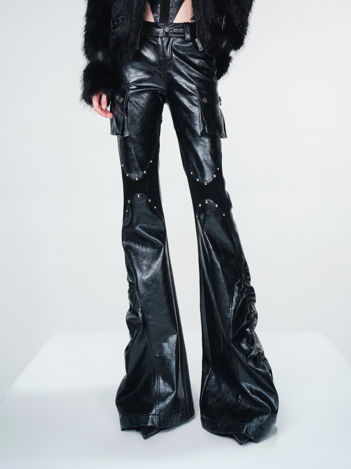 UpdateNN NORTH NODE Vintage Waxed Leather Flared Trousers