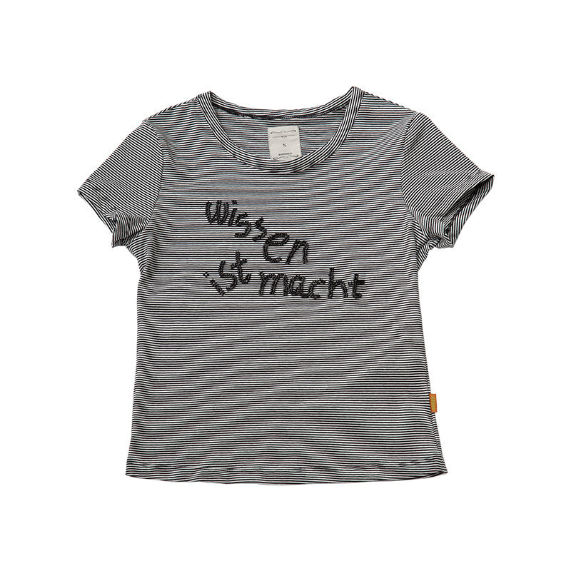 Achihara Vintage Striped Cylindrical Bead Embroidered Tee