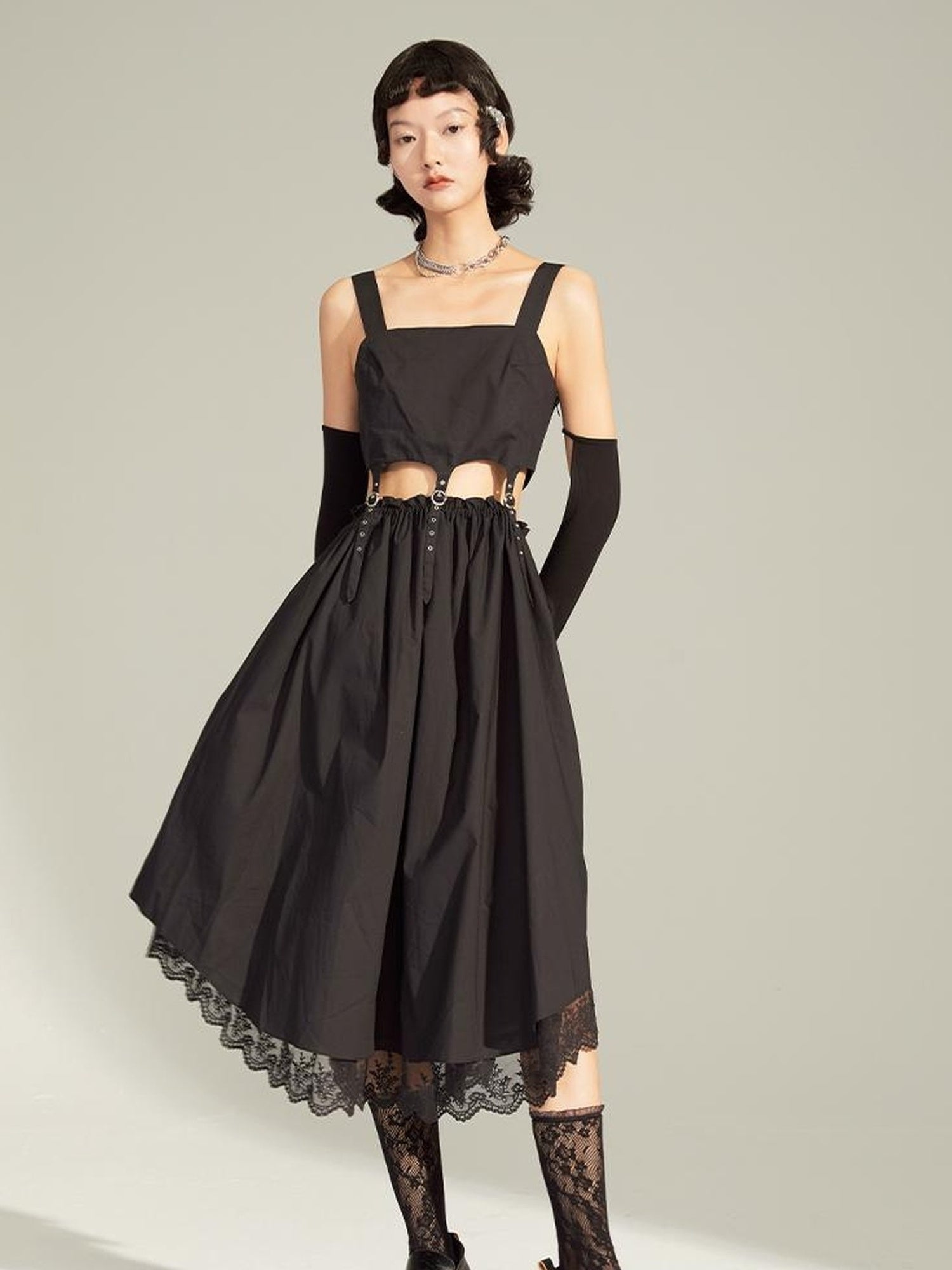 DIDDI MODA Black Cutout Ruffle Hem Sundress