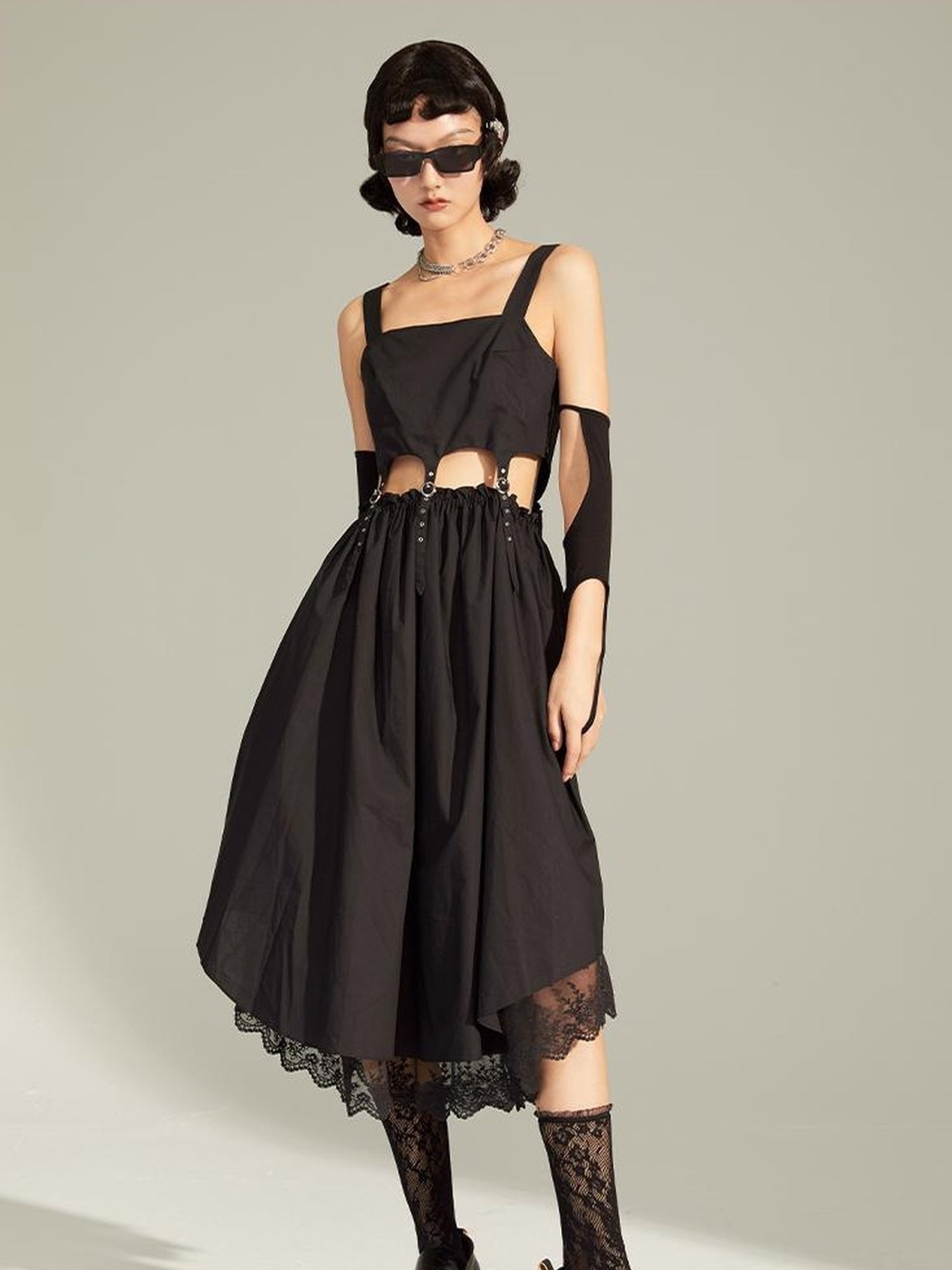 DIDDI MODA Black Cutout Ruffle Hem Sundress