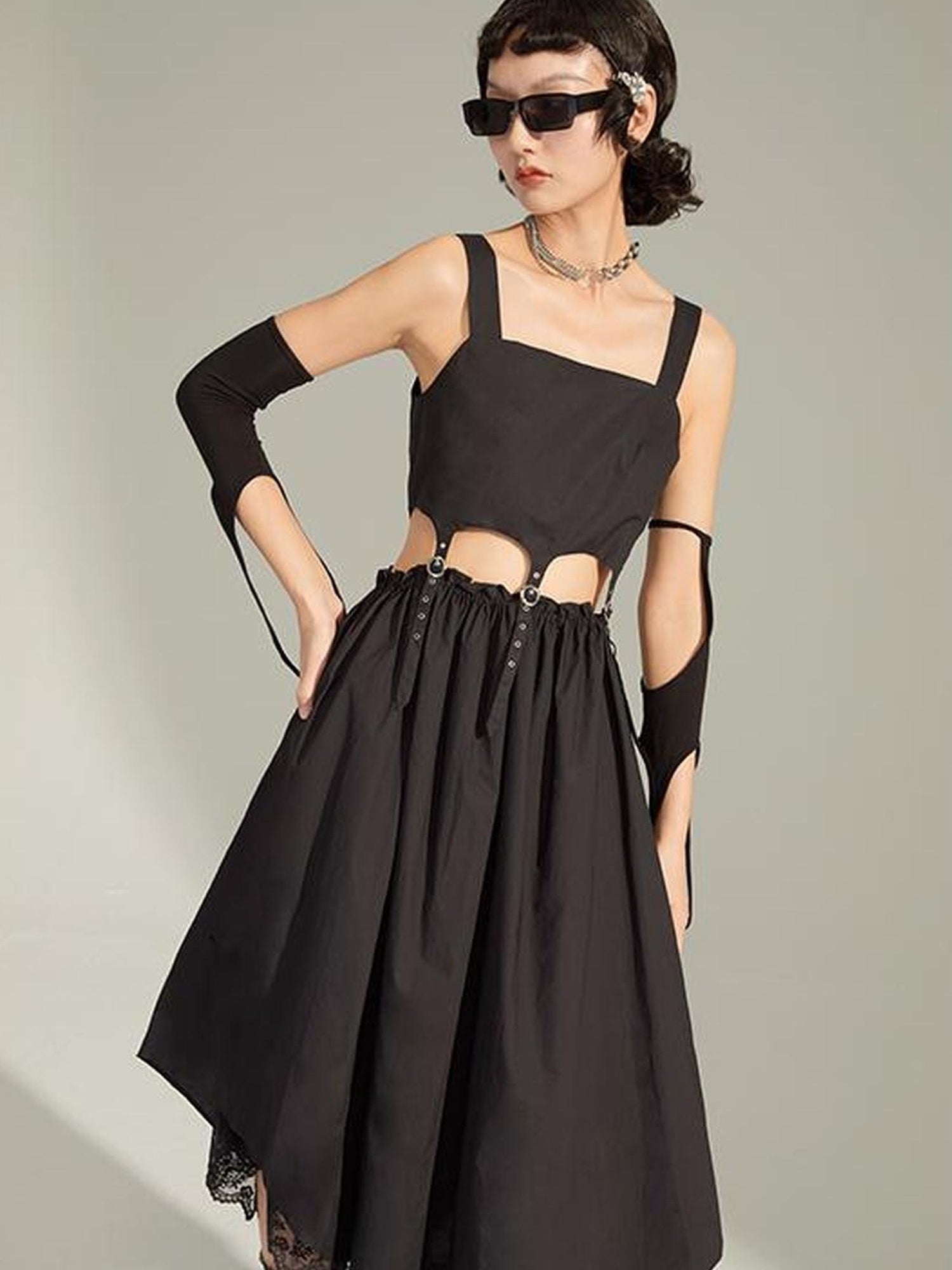 DIDDI MODA Black Cutout Ruffle Hem Sundress