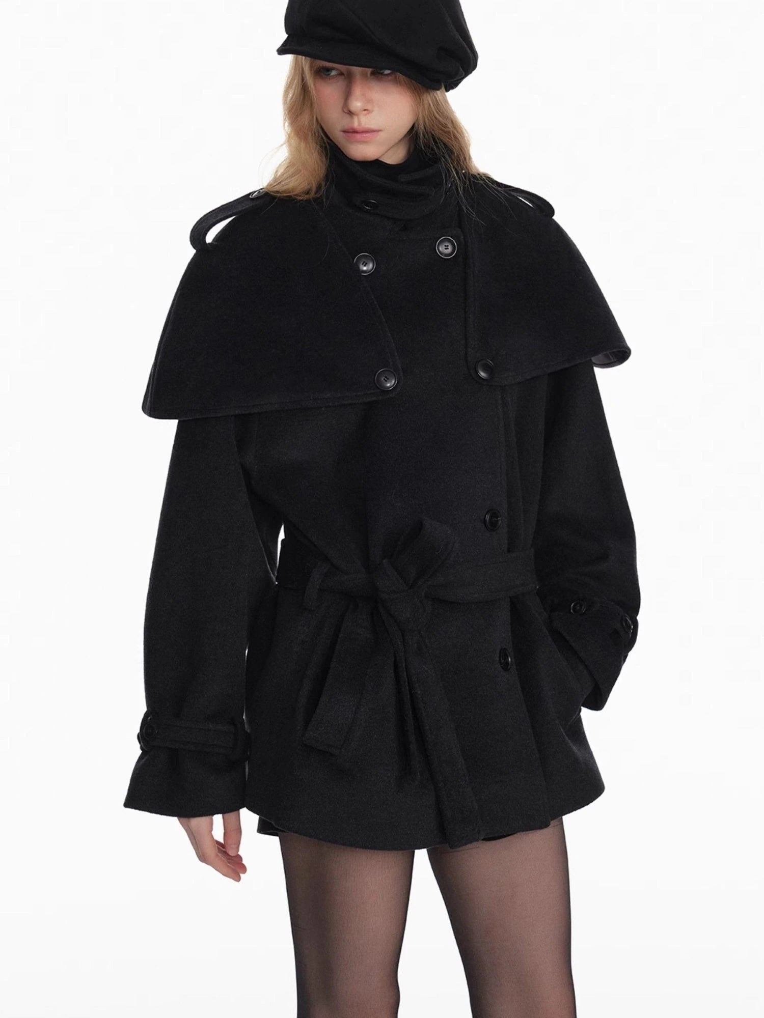 Black Detachable Faux Fur Cape Shoulder Coat Jacket