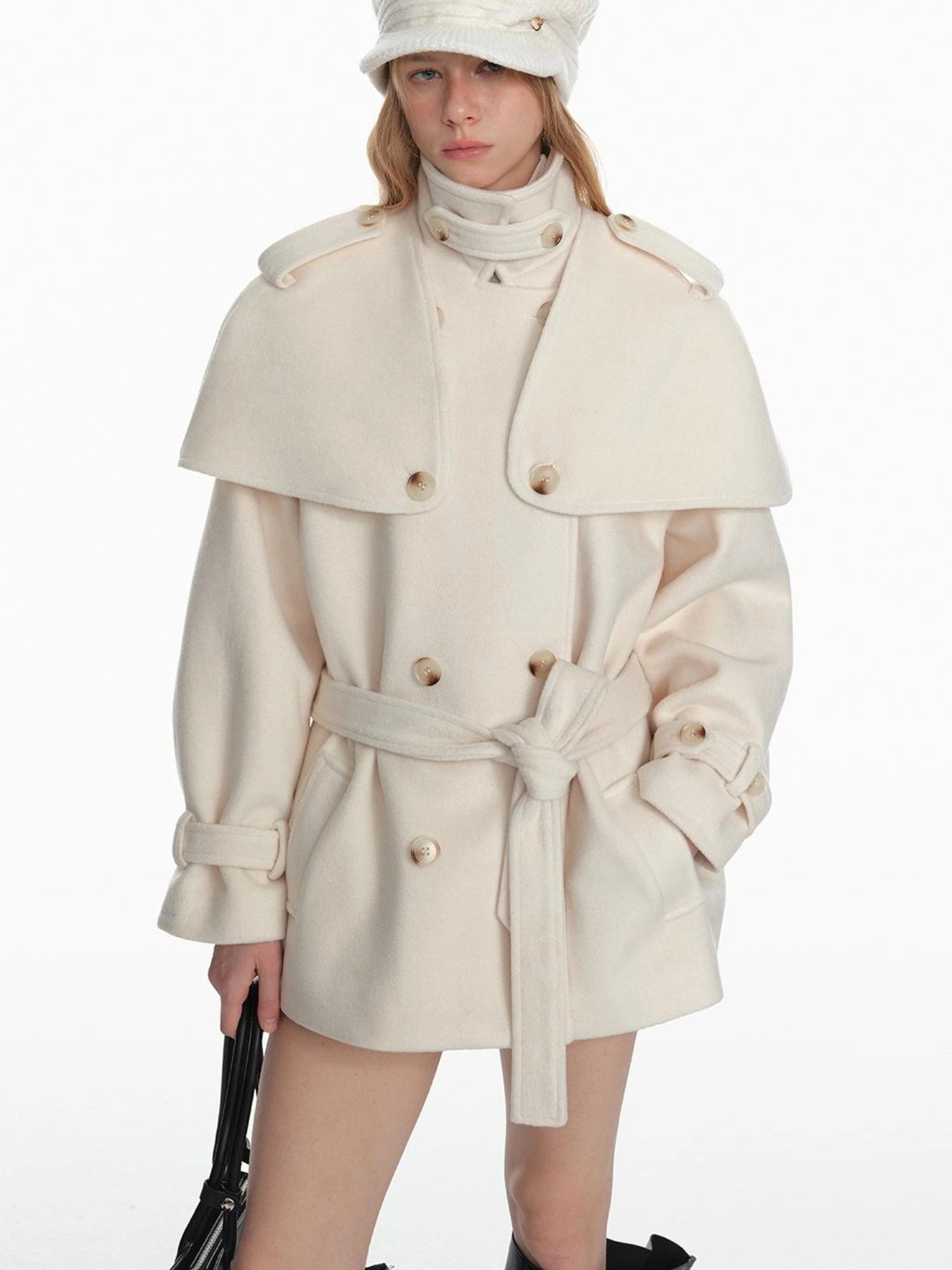 Black Detachable Faux Fur Cape Shoulder Coat Jacket
