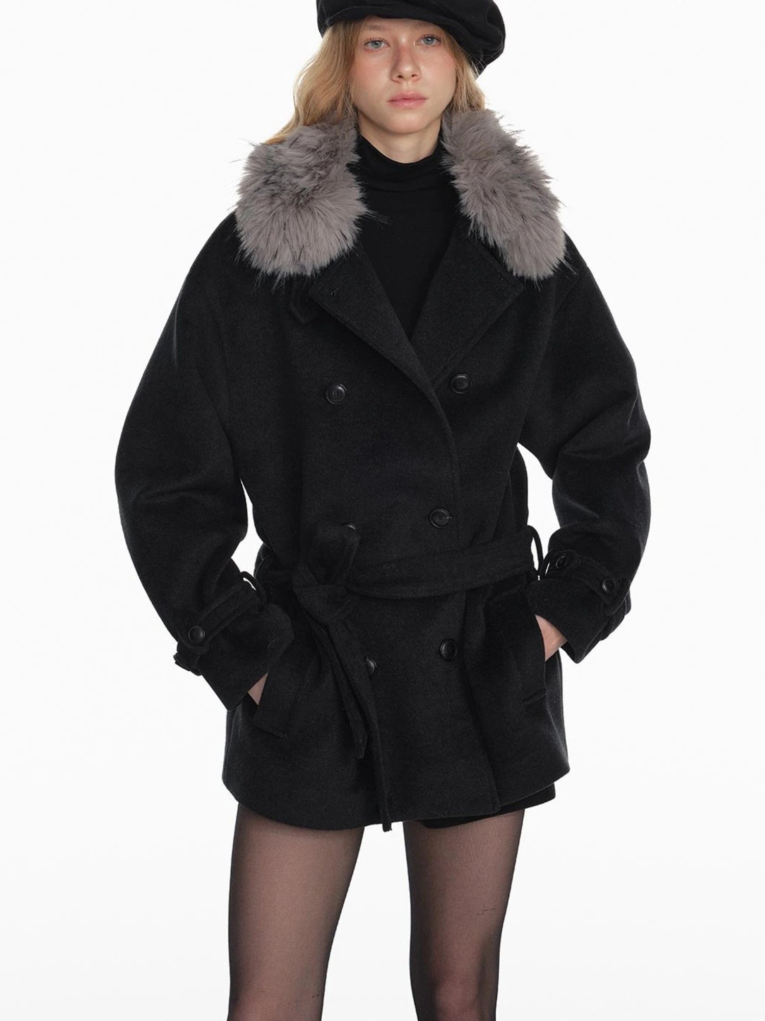 Black Detachable Faux Fur Cape Shoulder Coat Jacket