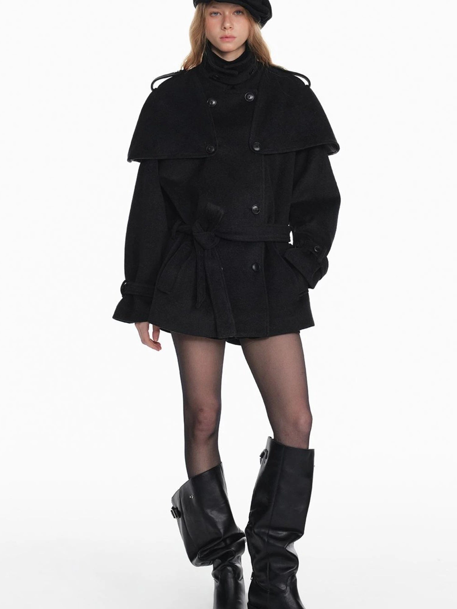 Black Detachable Faux Fur Cape Shoulder Coat Jacket