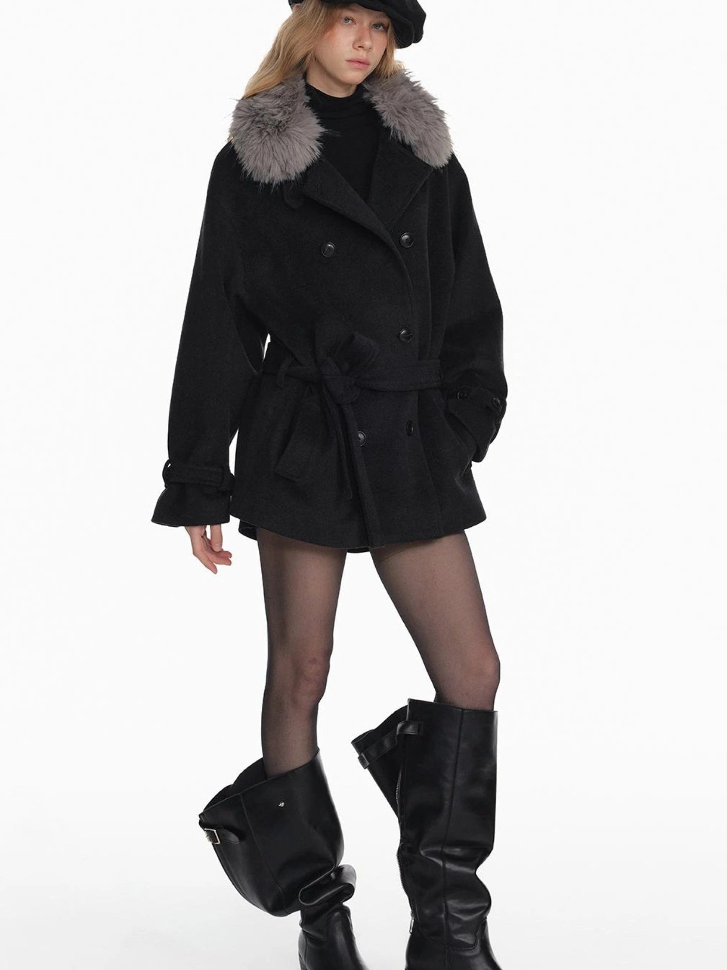 Black Detachable Faux Fur Cape Shoulder Coat Jacket
