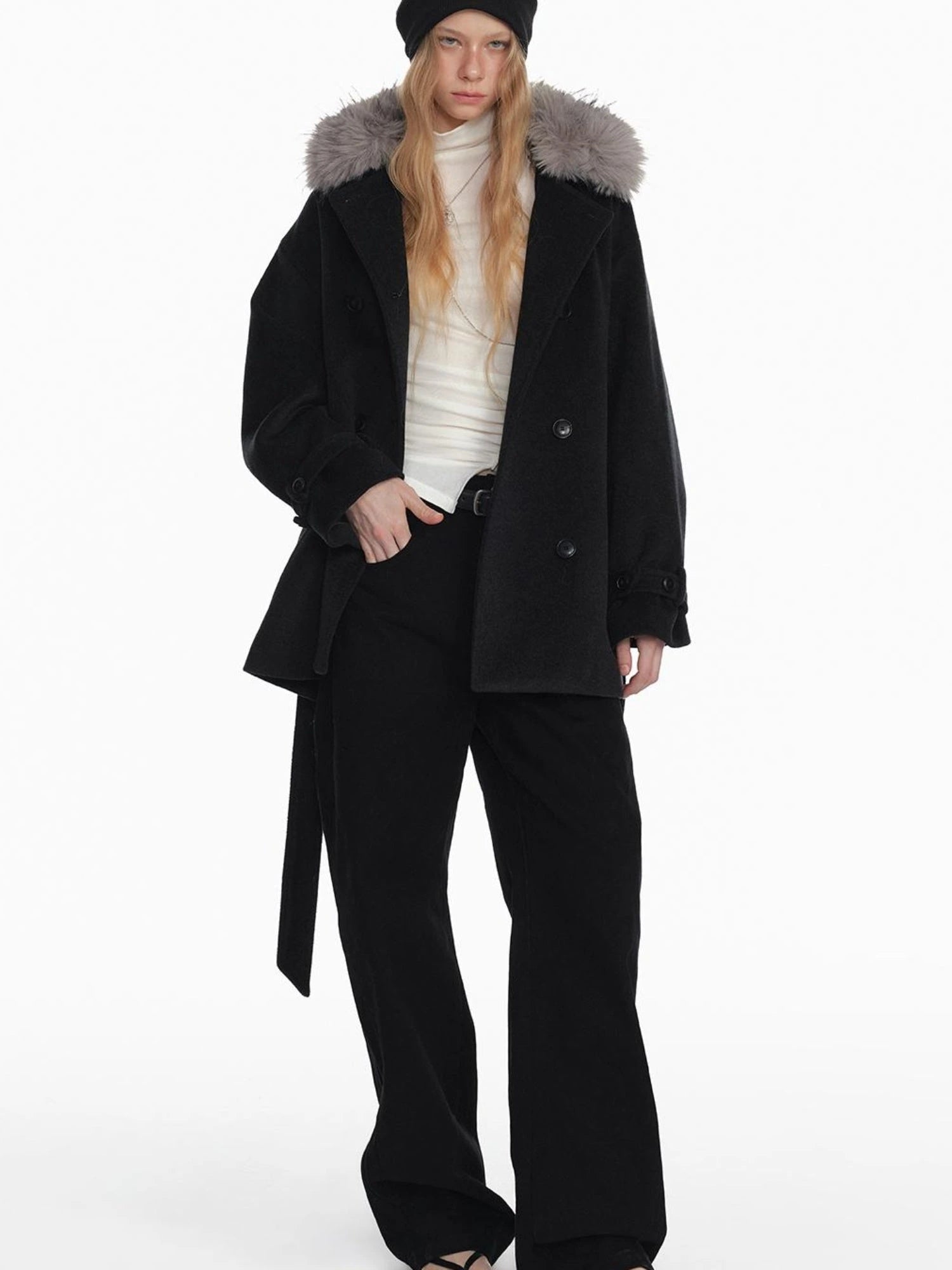 Black Detachable Faux Fur Cape Shoulder Coat Jacket