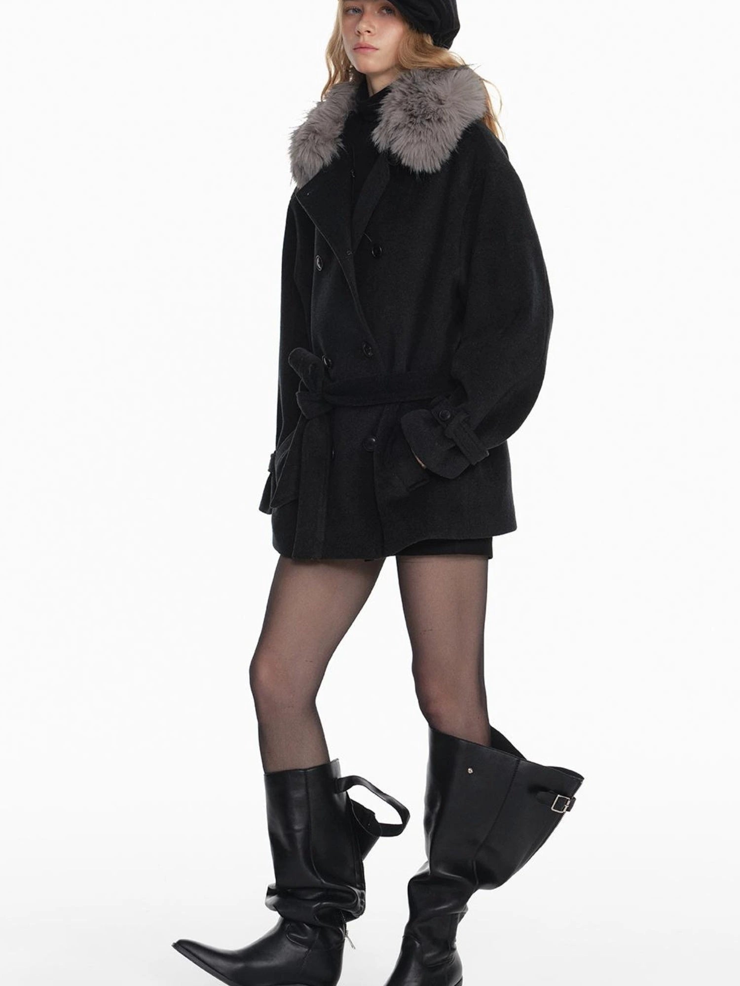 Black Detachable Faux Fur Cape Shoulder Coat Jacket