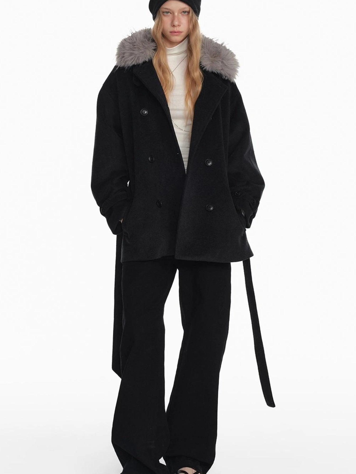 Black Detachable Faux Fur Cape Shoulder Coat Jacket