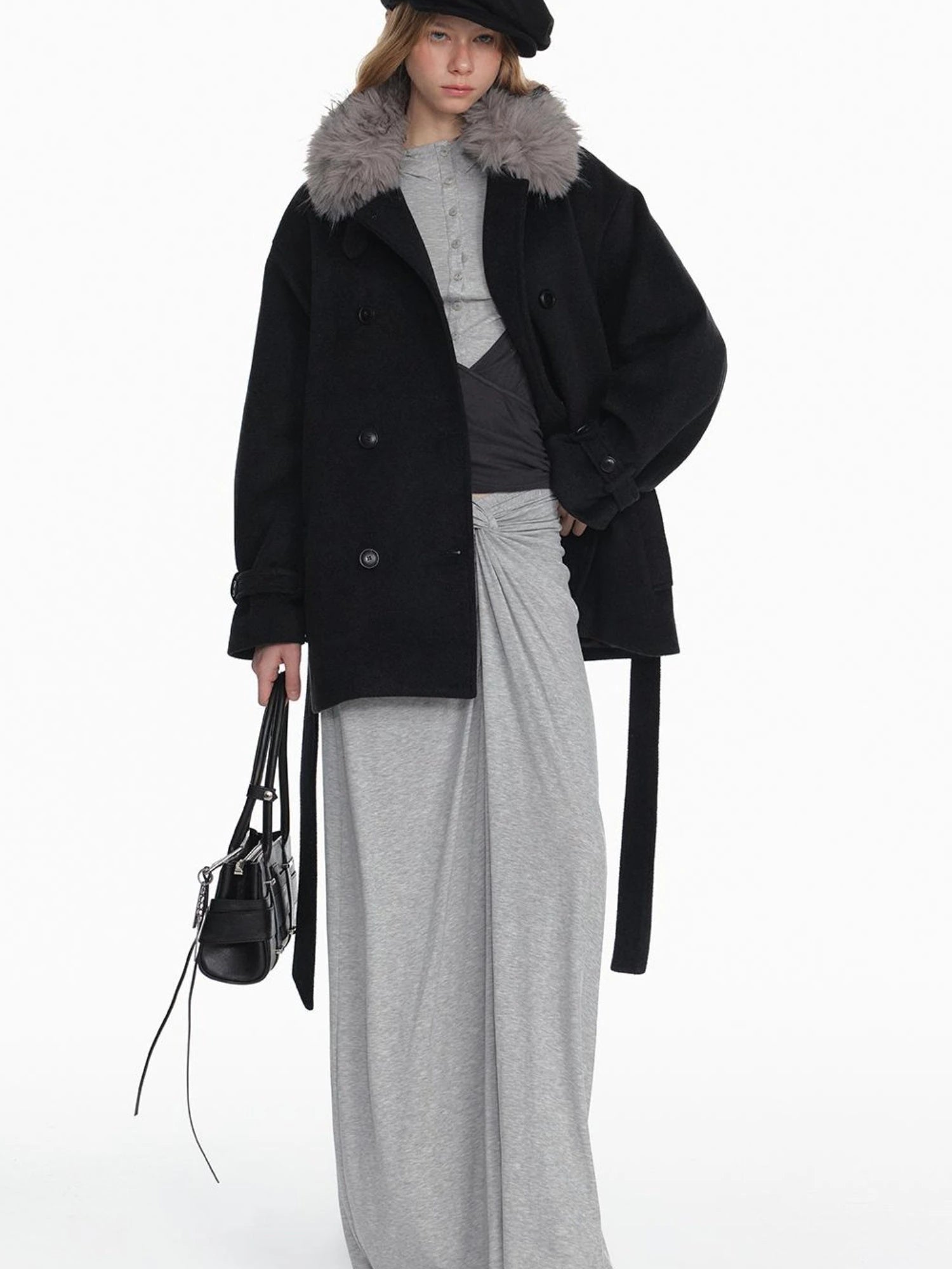 Black Detachable Faux Fur Cape Shoulder Coat Jacket
