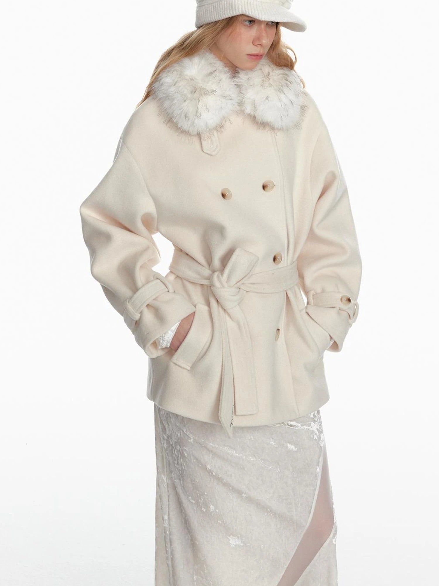 Black Detachable Faux Fur Cape Shoulder Coat Jacket