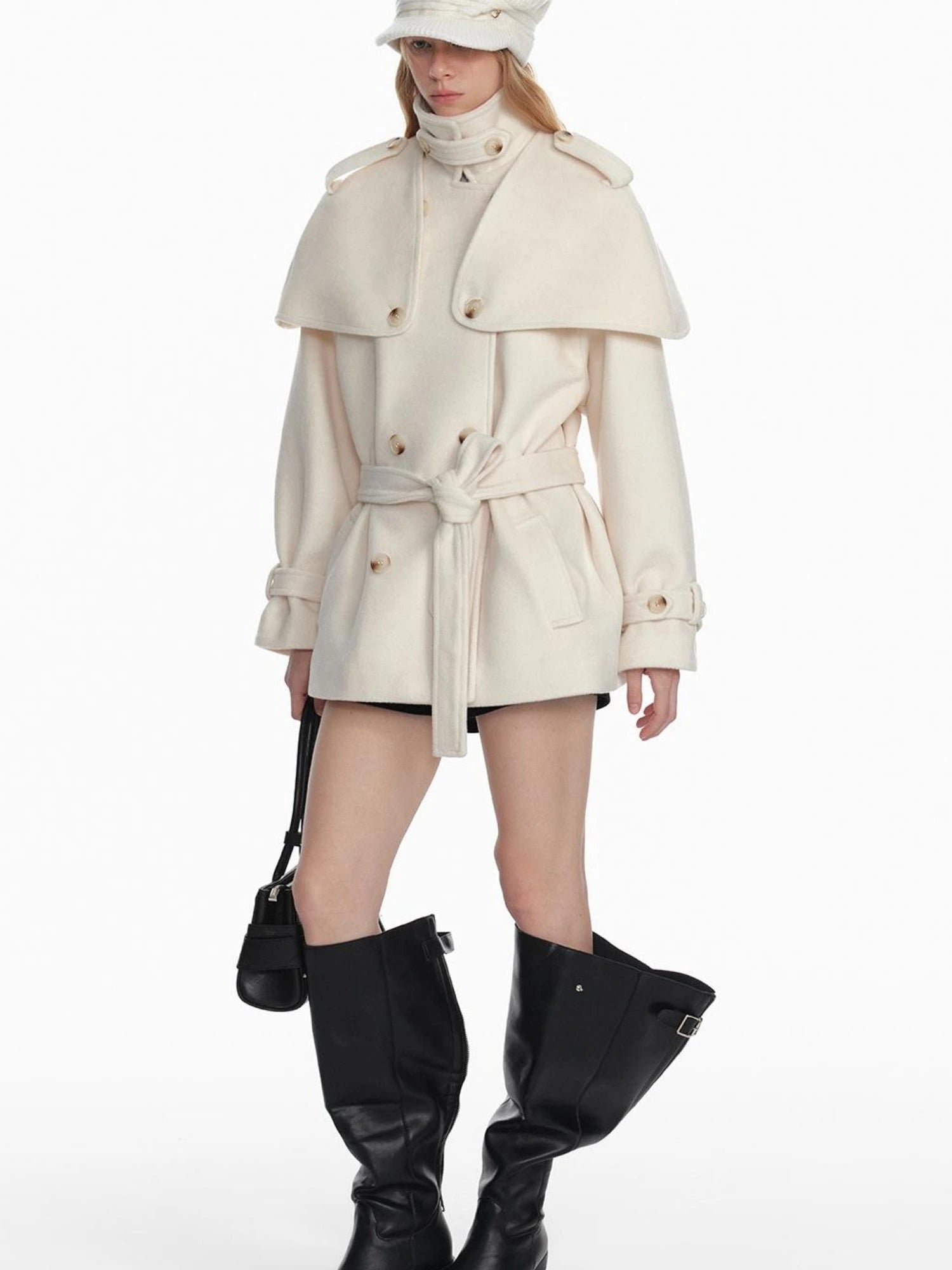 Black Detachable Faux Fur Cape Shoulder Coat Jacket