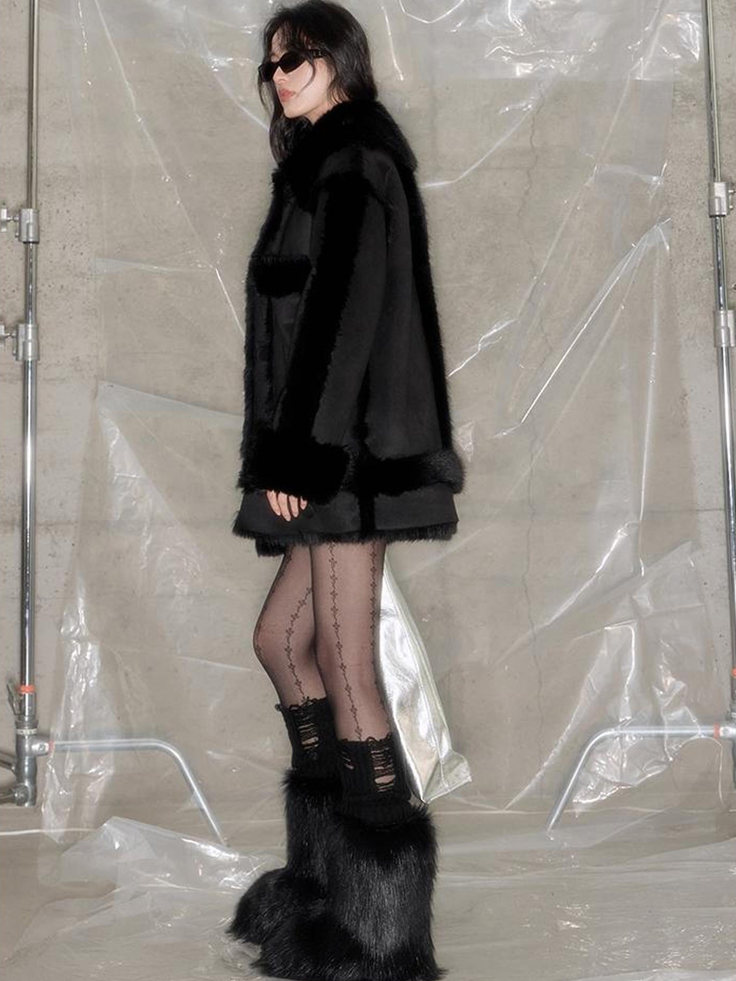 DIDDI MODA Black Faux Fox Fur Eco Coat Winter Warm Oversized Design