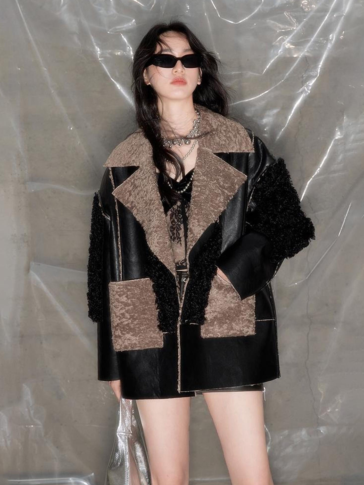 DIDDI MODA Black Faux Fur Trim V Neck Blazer Coat