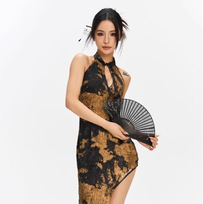 Update Anti Being General Lace Cutout Mandarin Collar Slant Hem Qipao Dress