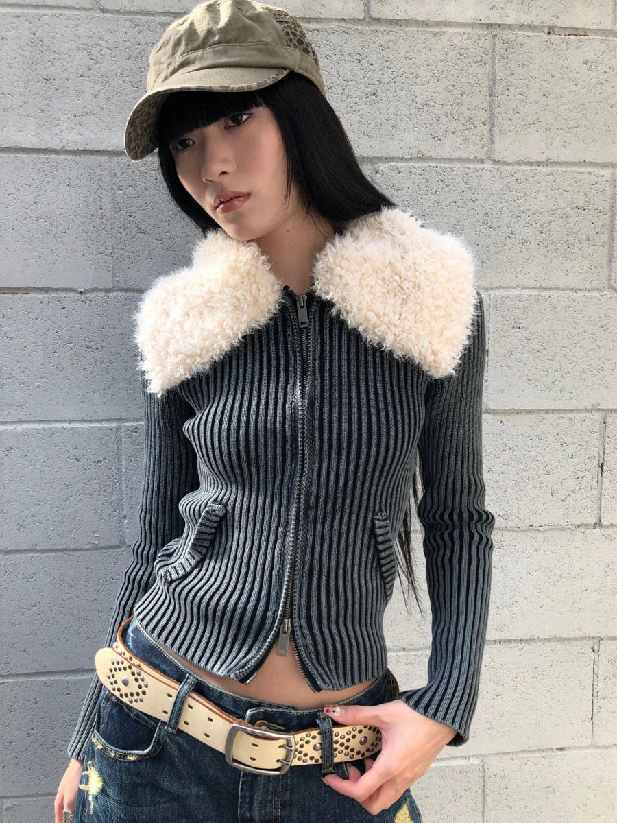 Detachable Faux Fur Collar Stretch Knit Zipper Sweater Coat