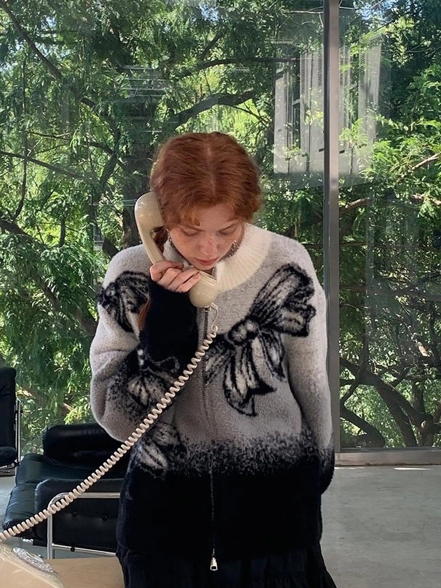 Black Grey Gradient Bow Knit Cardigan