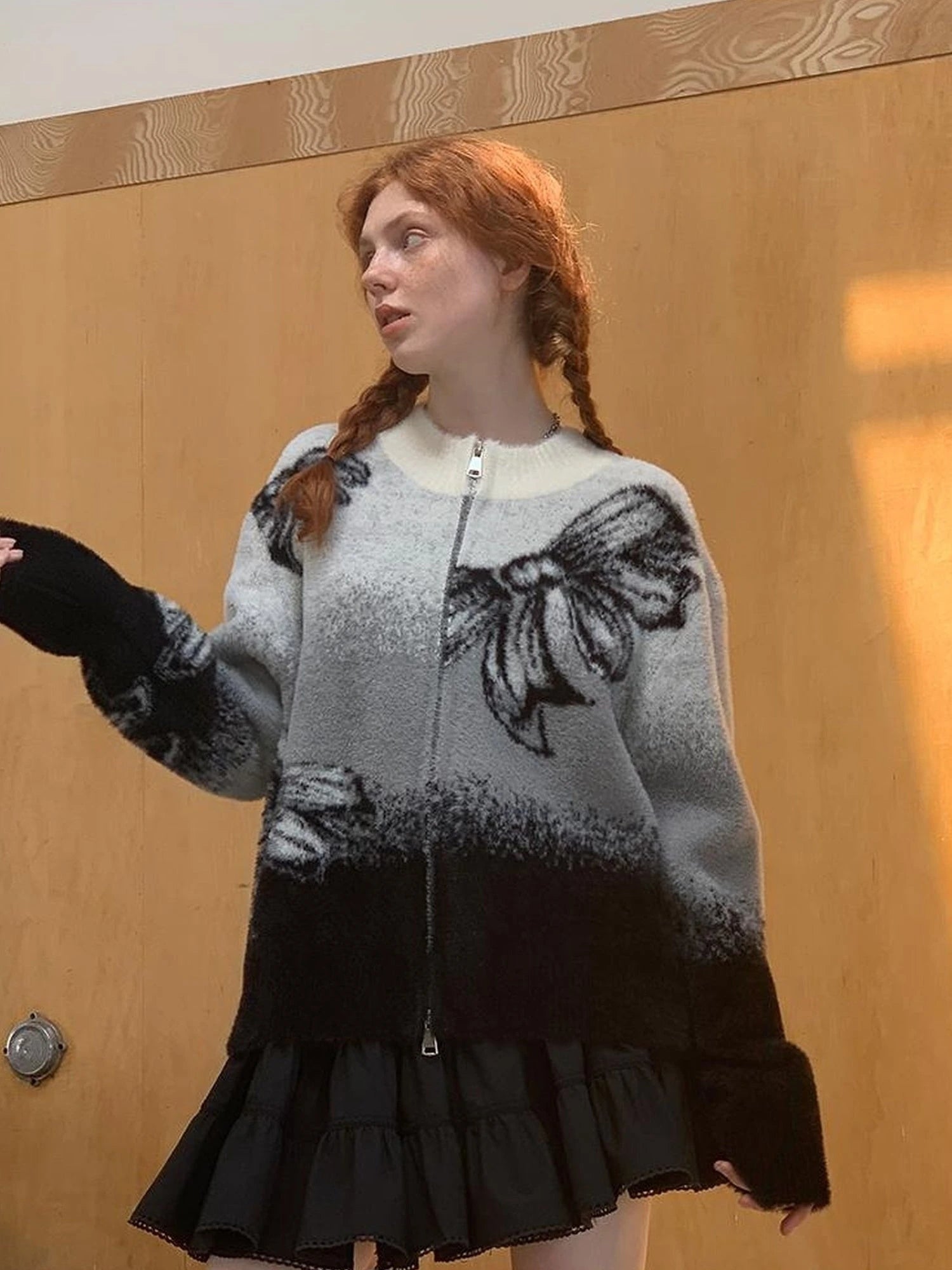 Black Grey Gradient Bow Knit Cardigan