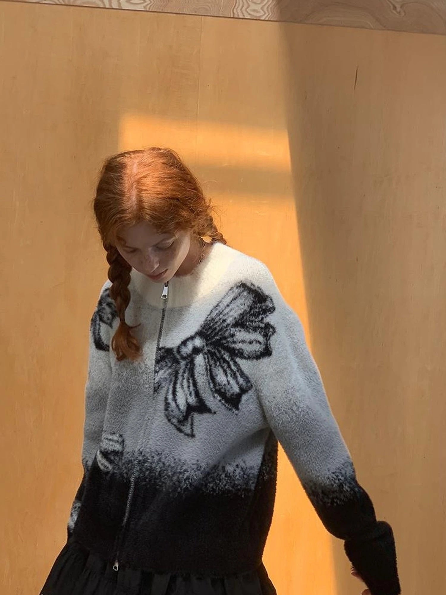 Black Grey Gradient Bow Knit Cardigan