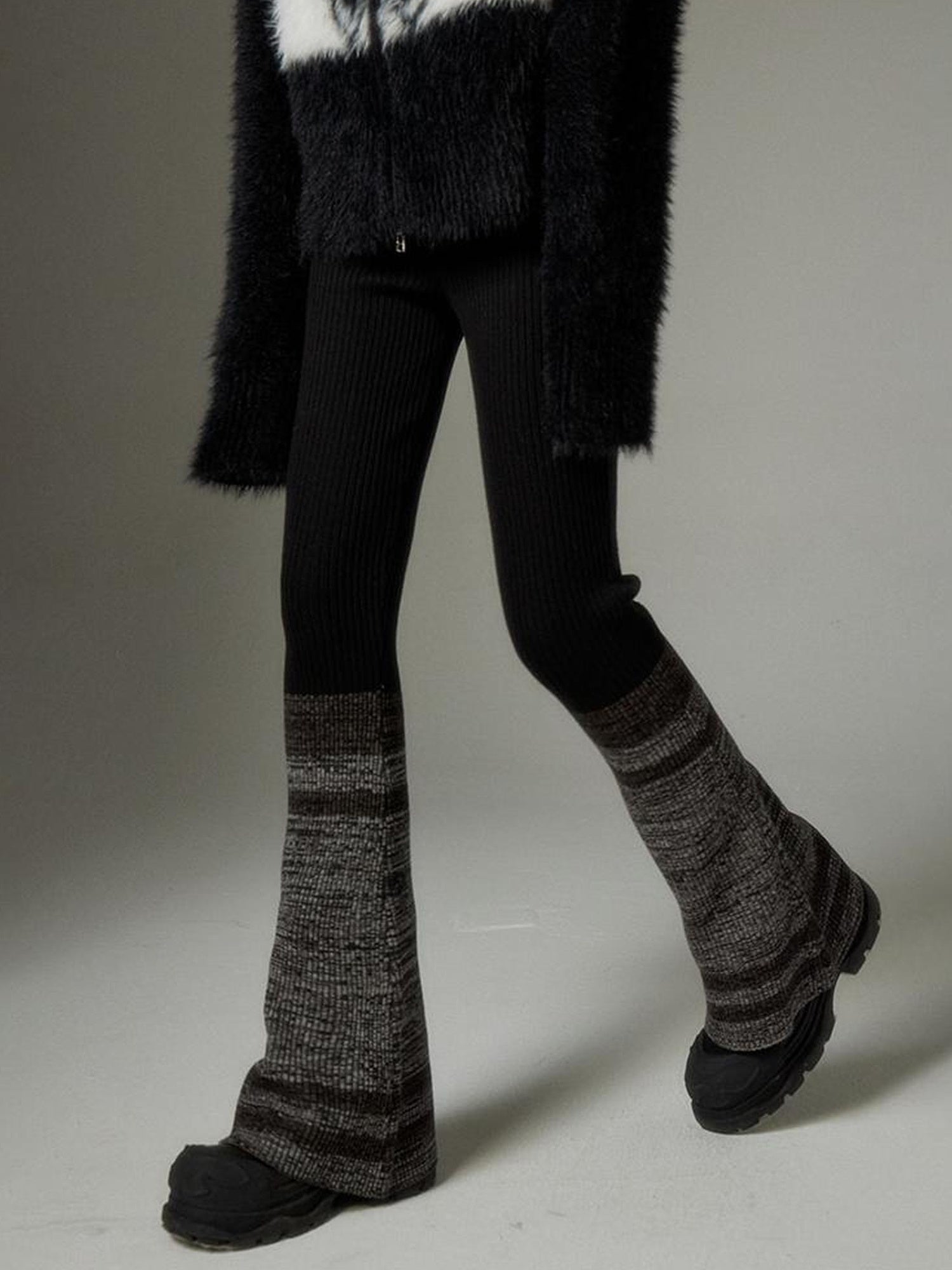 DIDDI MODA Black Grey Knit Flare Pants With Contrast Panels